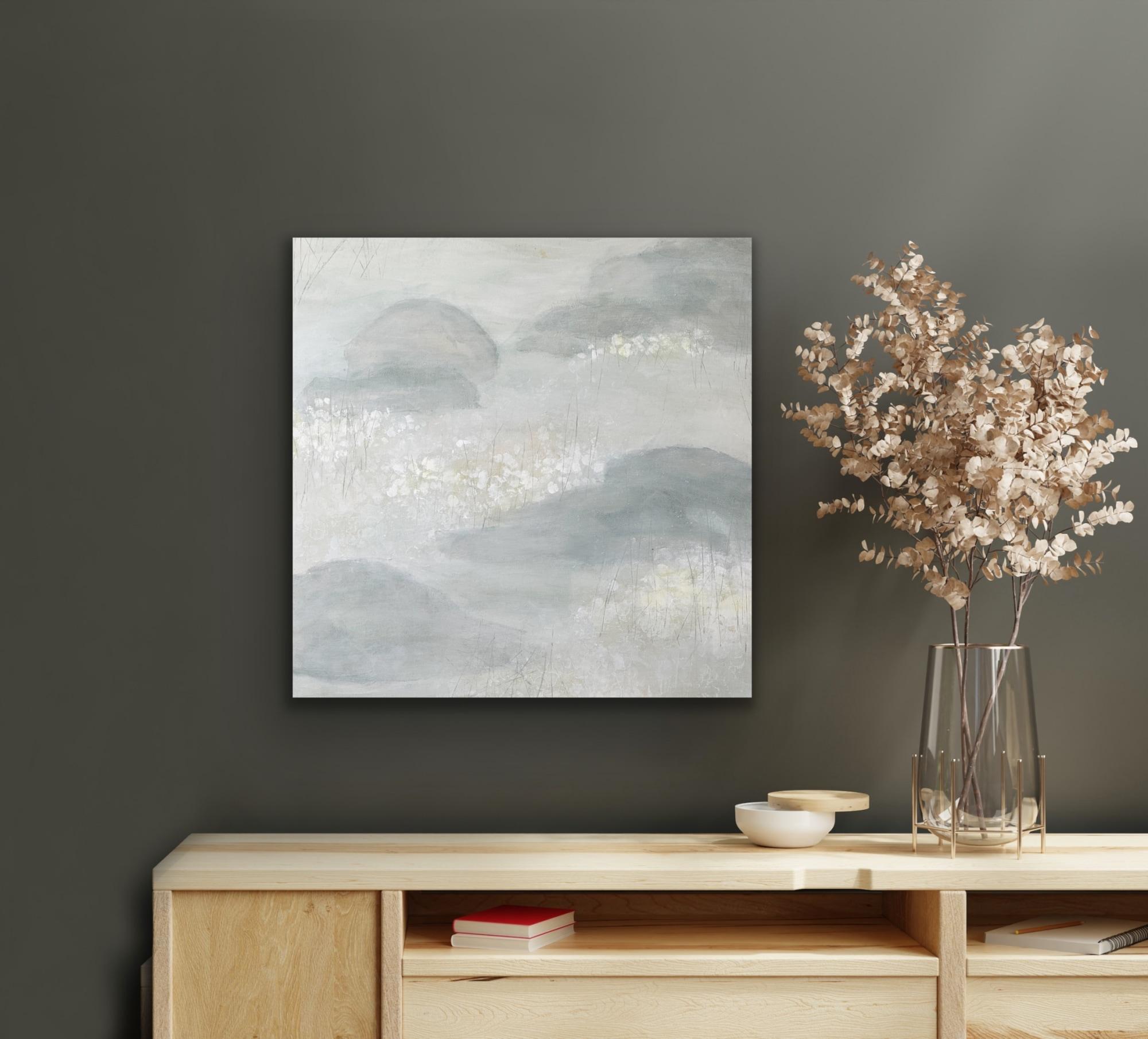 The Pond in February 1, lily pond, neutral, soft art - Gray Abstract Painting by Juanita Bellavance 