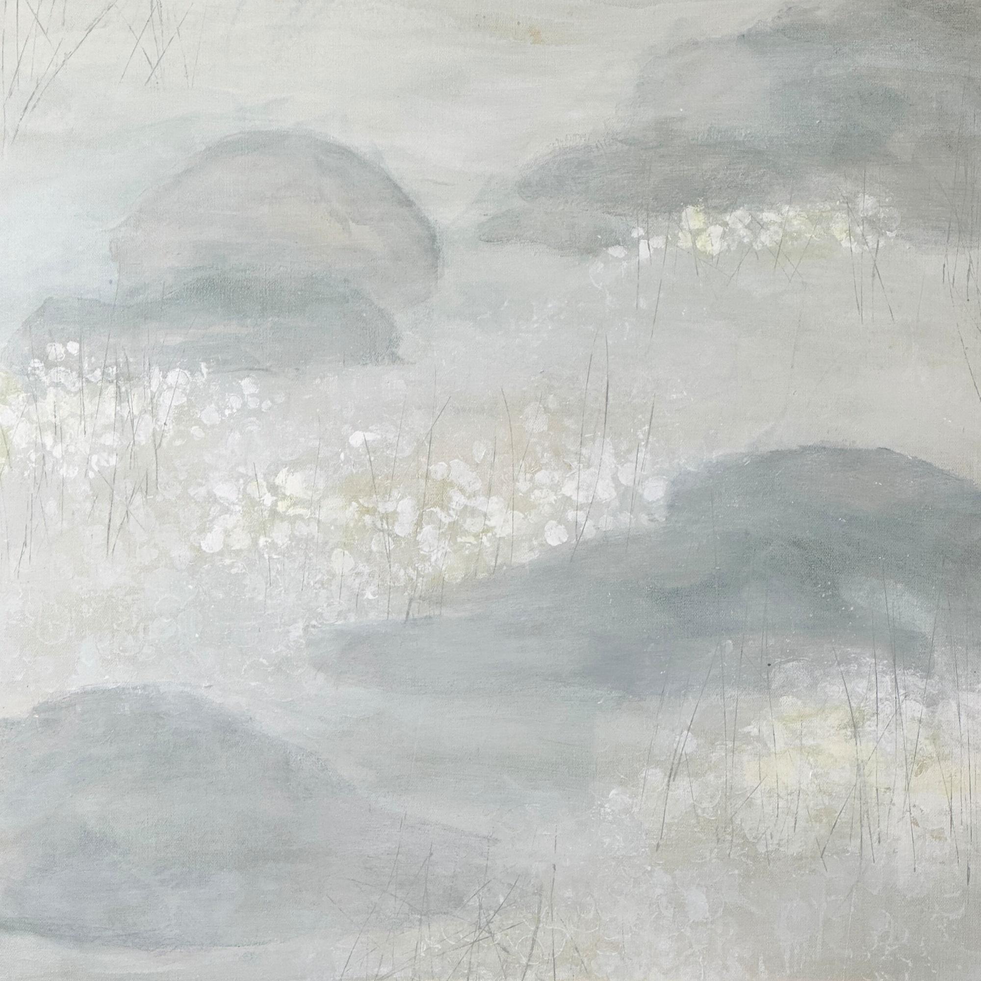 Juanita Bellavance  Abstract Painting - The Pond in February 1, lily pond, neutral, soft art