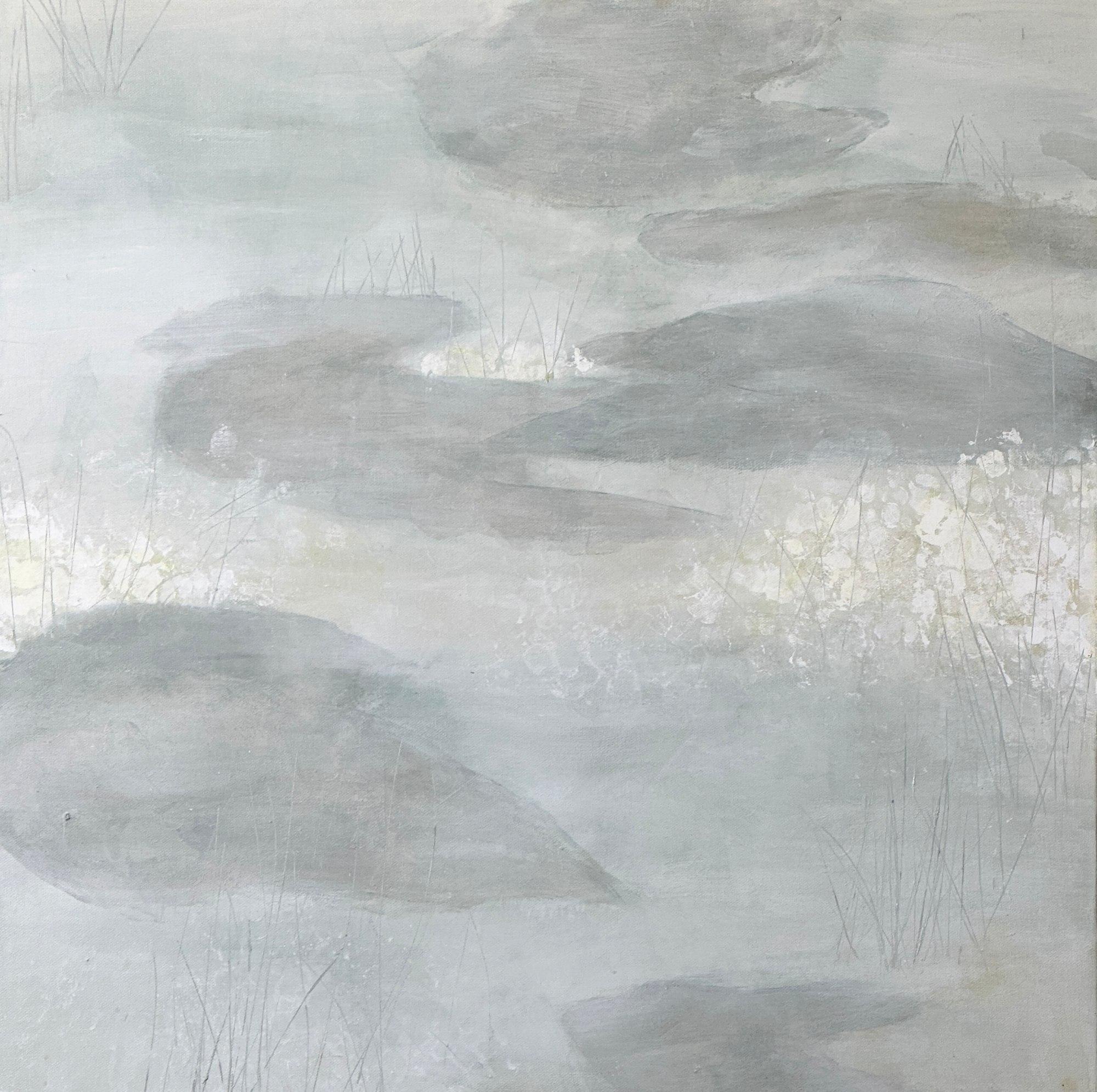 Juanita Bellavance  Abstract Painting - The Pond in February 2, lily pond, neutral, soft art