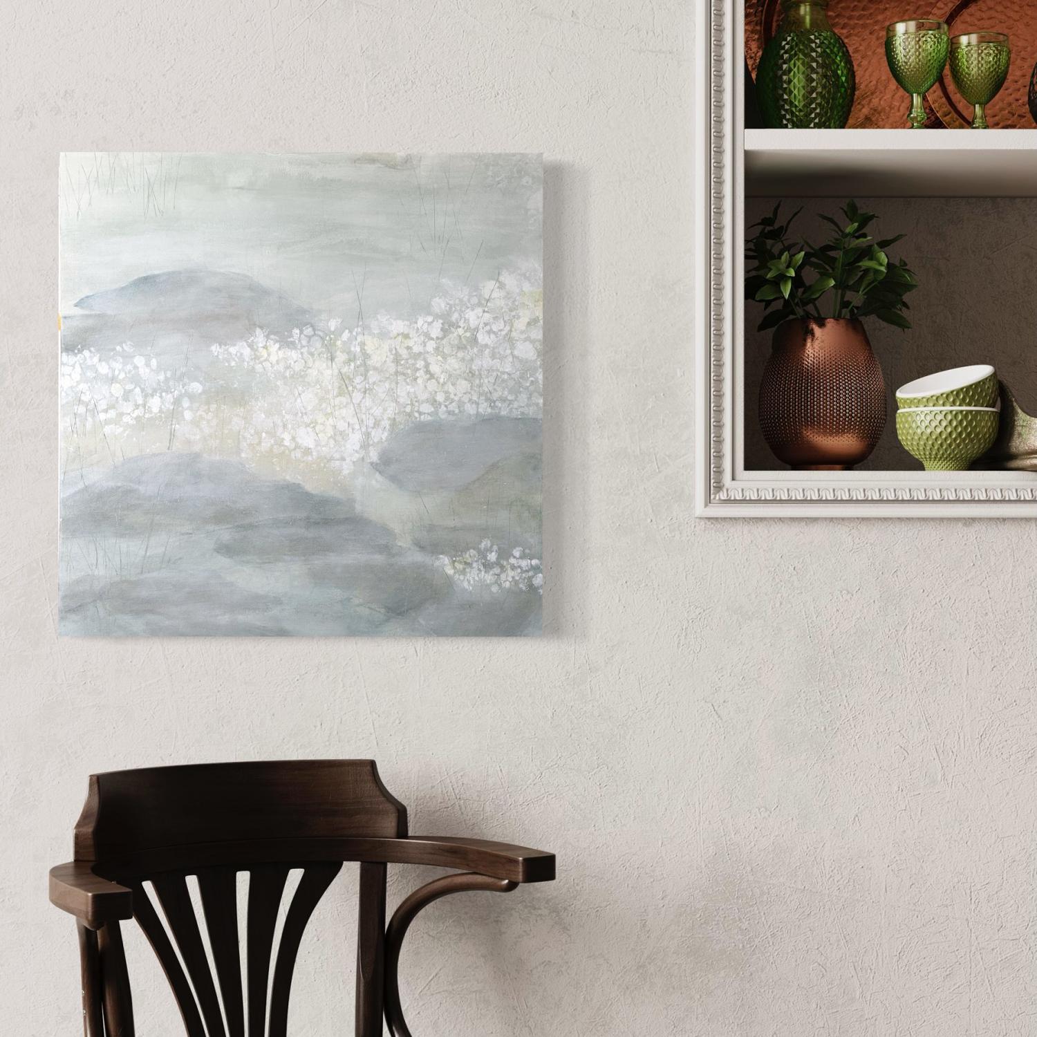 The Pond in February 3, lily pond, neutral, soft art - Gray Abstract Painting by Juanita Bellavance 