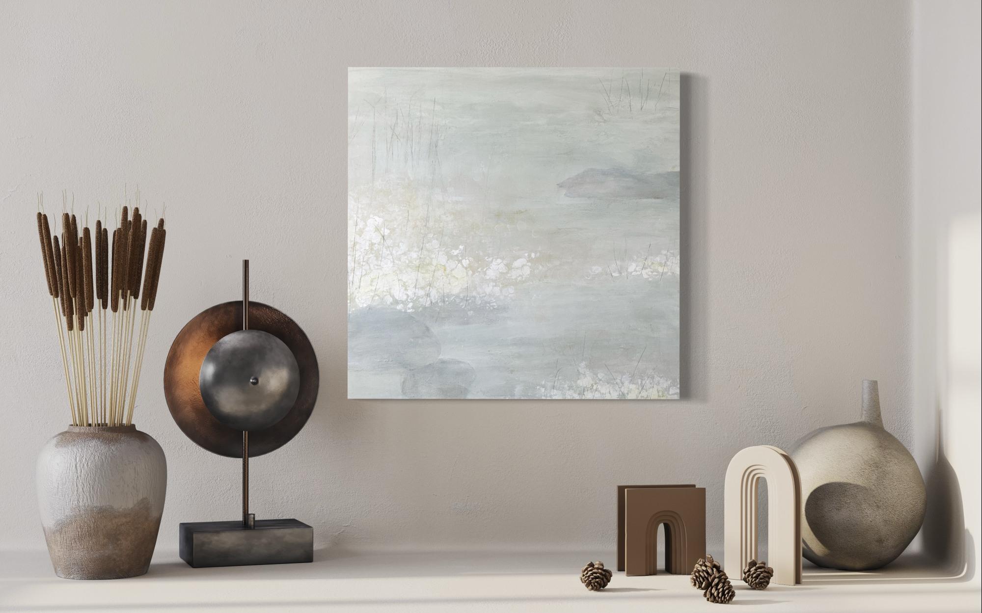 The Pond in February 4, lily pond, neutral, soft art - Gray Abstract Painting by Juanita Bellavance 
