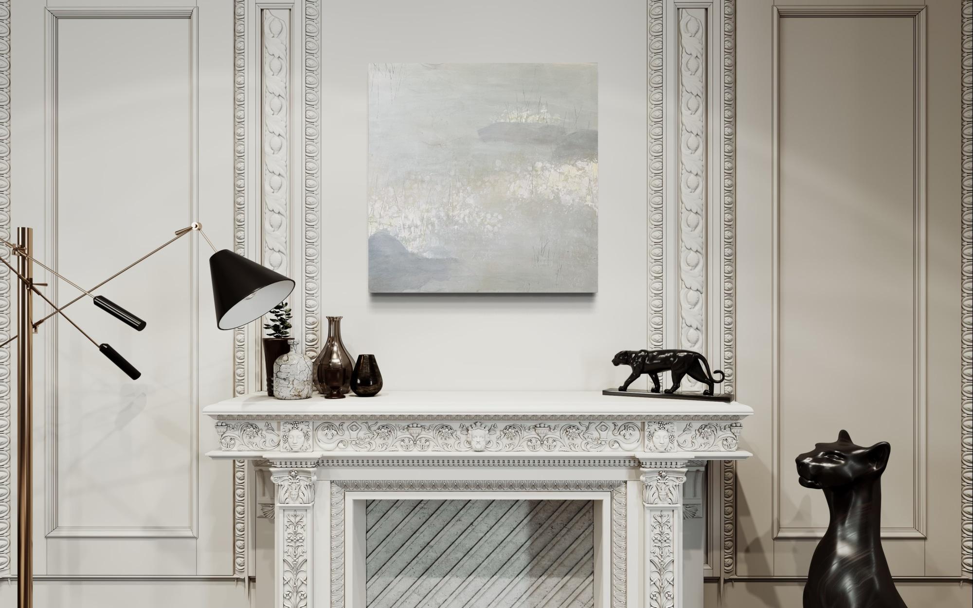 Lo stagno a febbraio 5, stagno di ninfee, neutro, soft art - Abstract Painting Grigio di Juanita Bellavance 