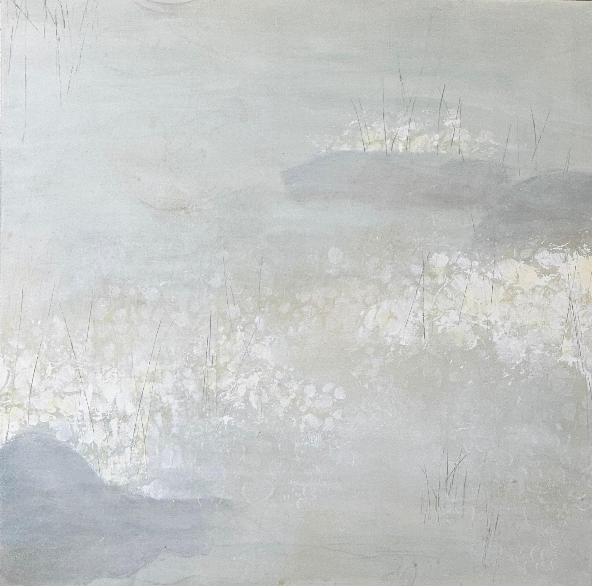 Juanita Bellavance  Abstract Painting – Der Teich am 5. Februar, Fliederteich, neutrale, weiche Kunst