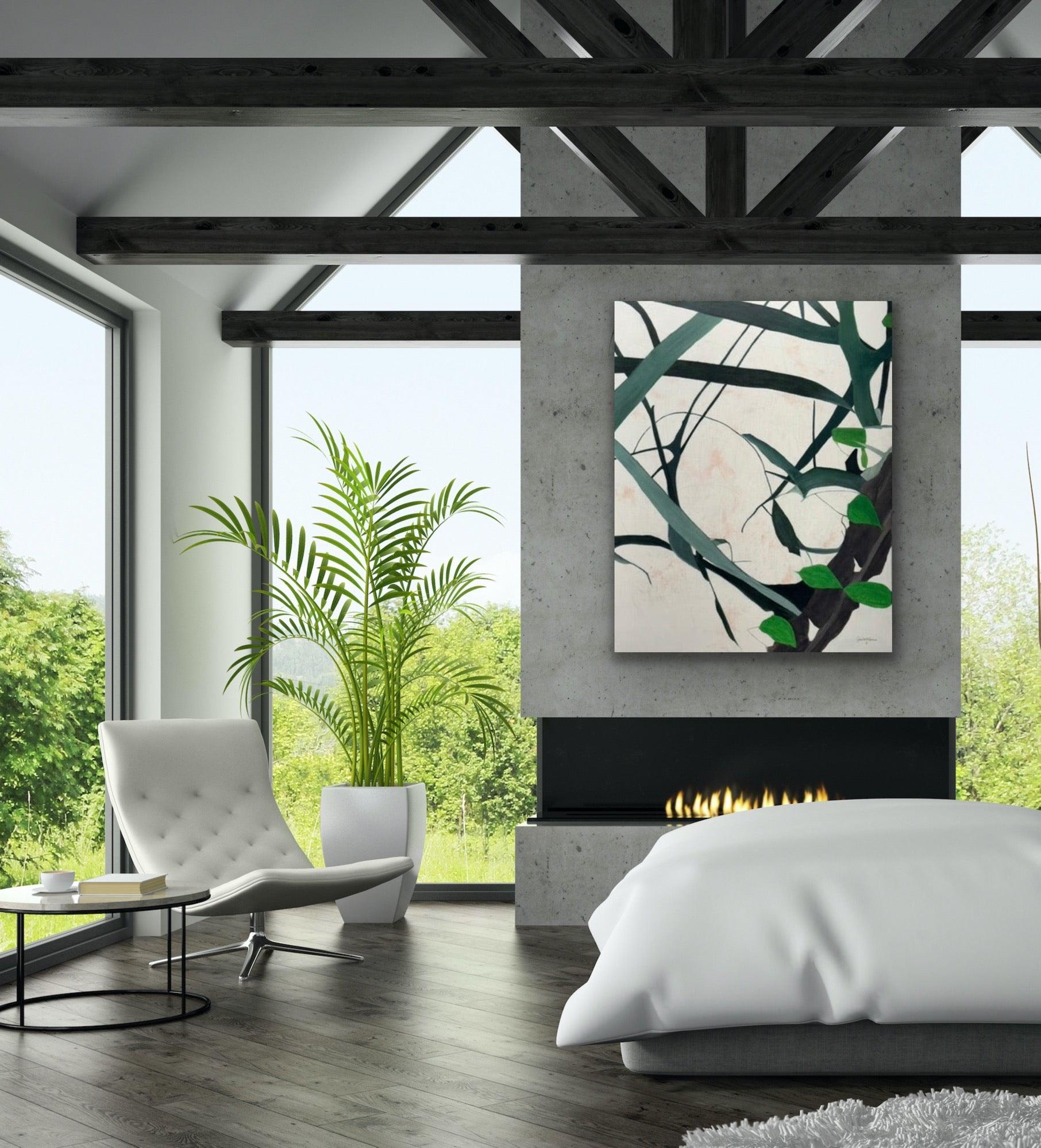 Einfädeln der Stille, botanisch. Grün, Eingangsanweisung groß (Naturalismus), Painting, von Juanita Bellavance 