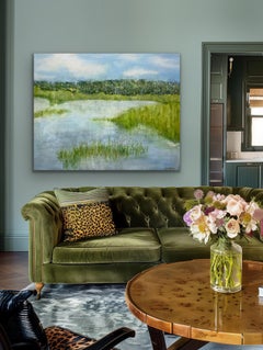 Timelessness - Original Abstract Marsh Landscape Painting, blue, green, water (Intemporel - Peinture abstraite de paysage de marais, bleu, vert, eau)