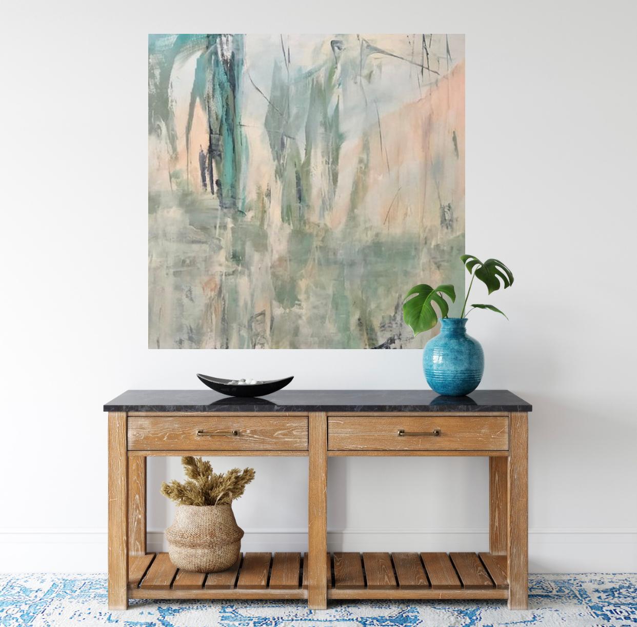 Tropicana 2, paysage contemporain, corail, sarcelle, 2019, acrylique sur toile en vente 4