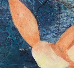 Variación 5, naranja, azul oscuro, verde oliva, paisaje acuático contemporáneo, medianoche