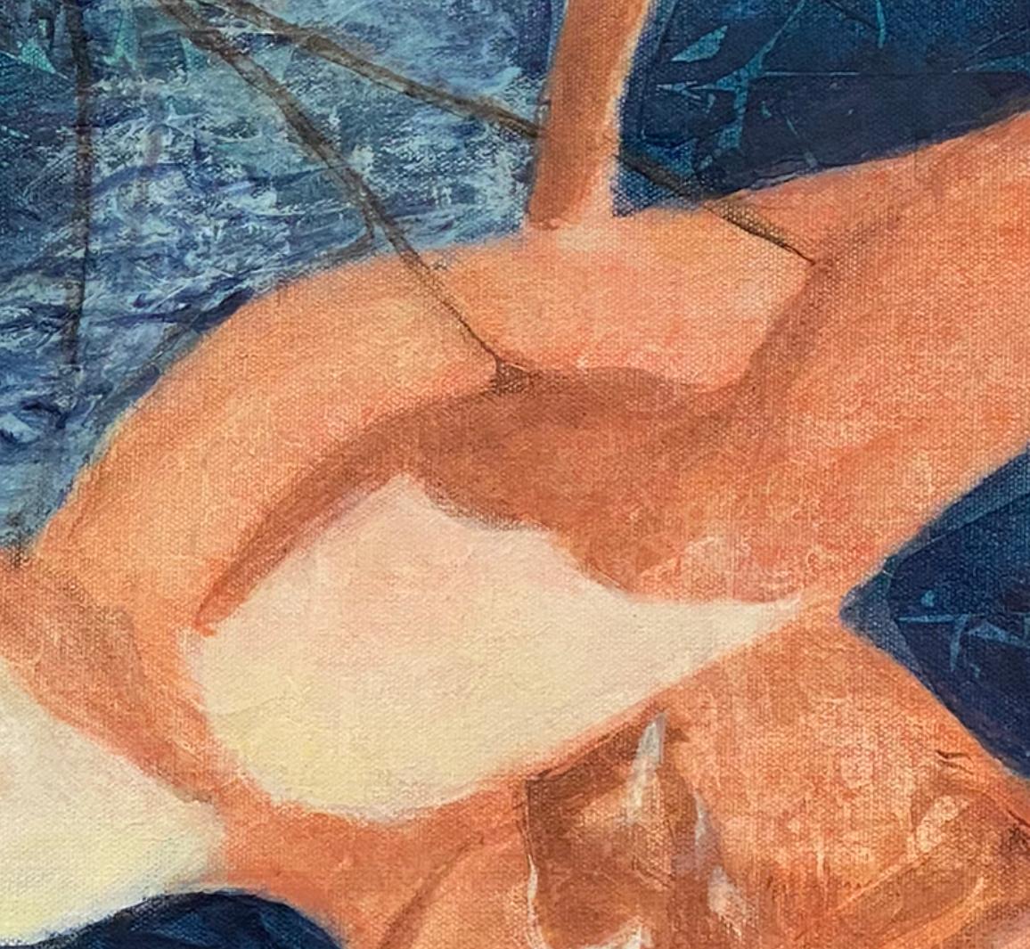 Variation 5, orange, bleu foncé, vert olive, paysage aquatique contemporain, nuit  - Impressionnisme abstrait Painting par Juanita Bellavance 