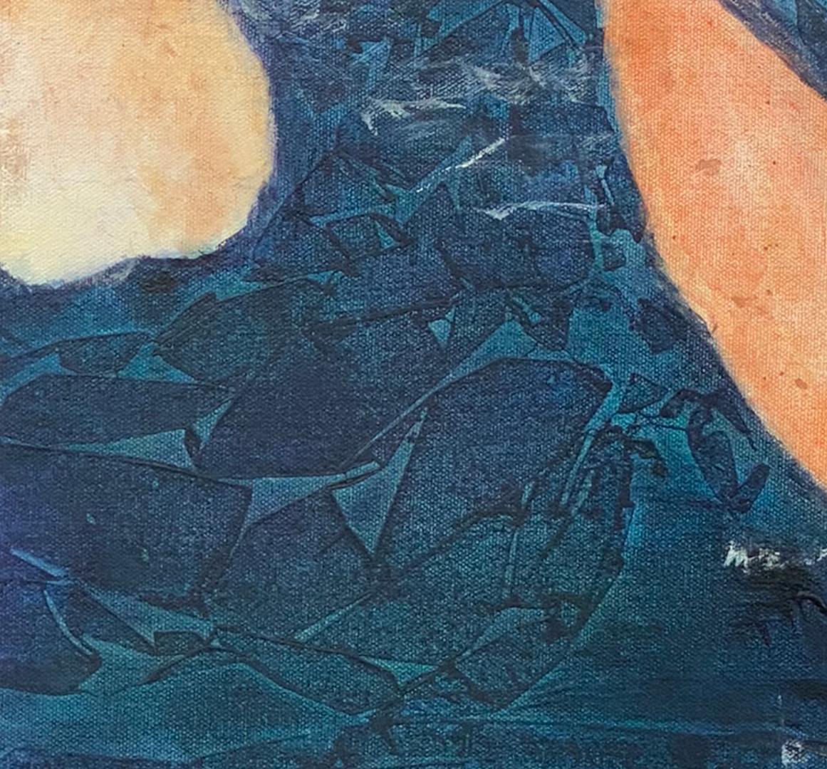 Variation 5, orange, dunkelblau, olivgrün, zeitgenössische Wasserlandschaft, Mitternacht  (Schwarz), Landscape Painting, von Juanita Bellavance 