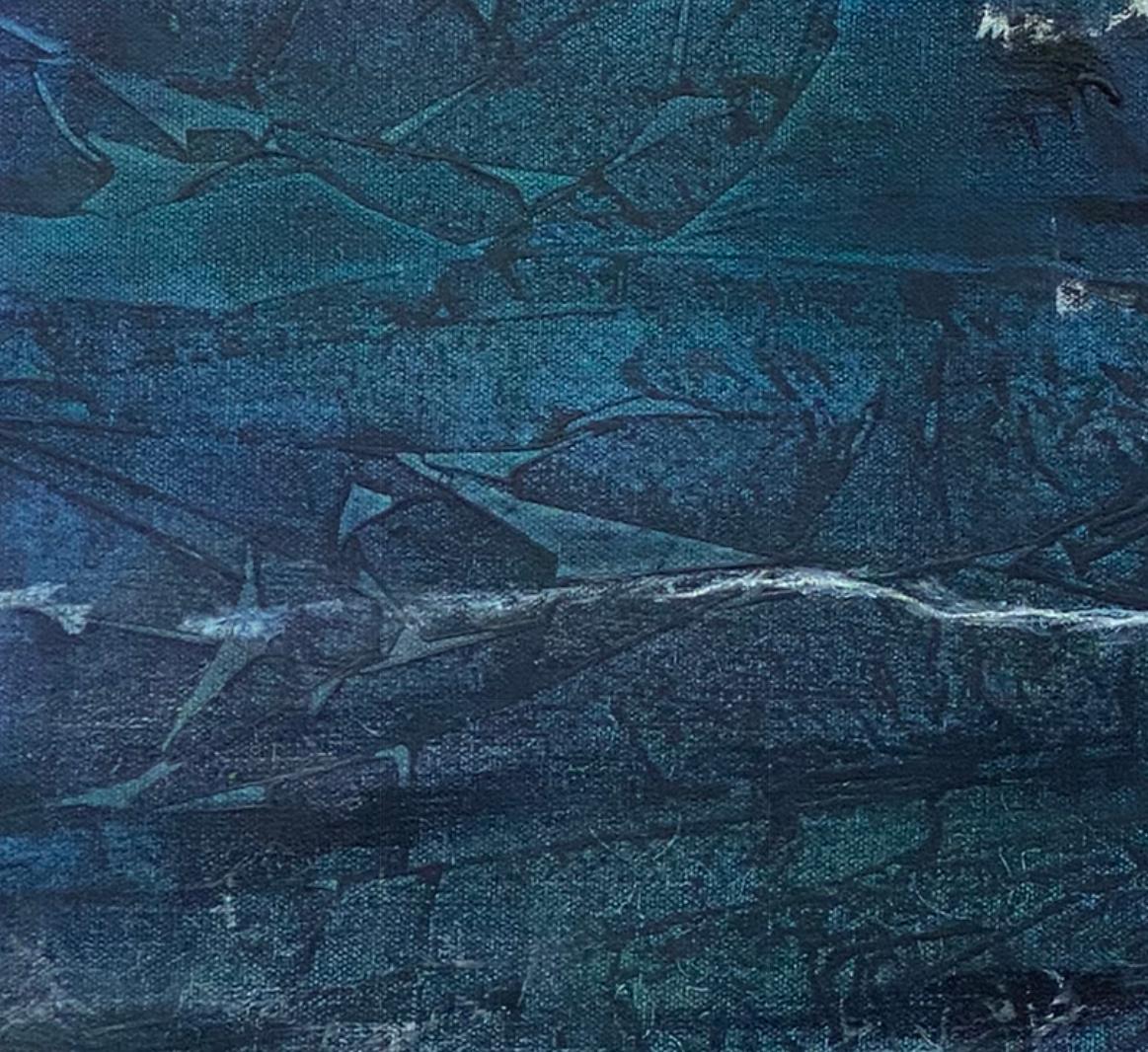 Quadro d'acqua contemporaneo blu notte e arancione da 24 pollici.  Un accenno di verde oliva.  Arte dell'acqua. Arte da parete ispirata alla natura. 