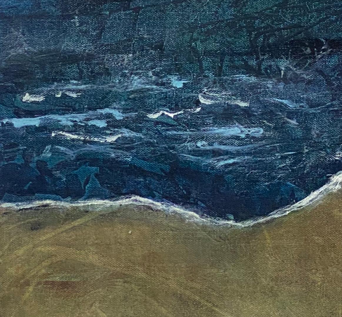 Variation 5, orange, dark blue, olive green, contemporary waterscape, midnight  - Black Landscape Painting by Juanita Bellavance 