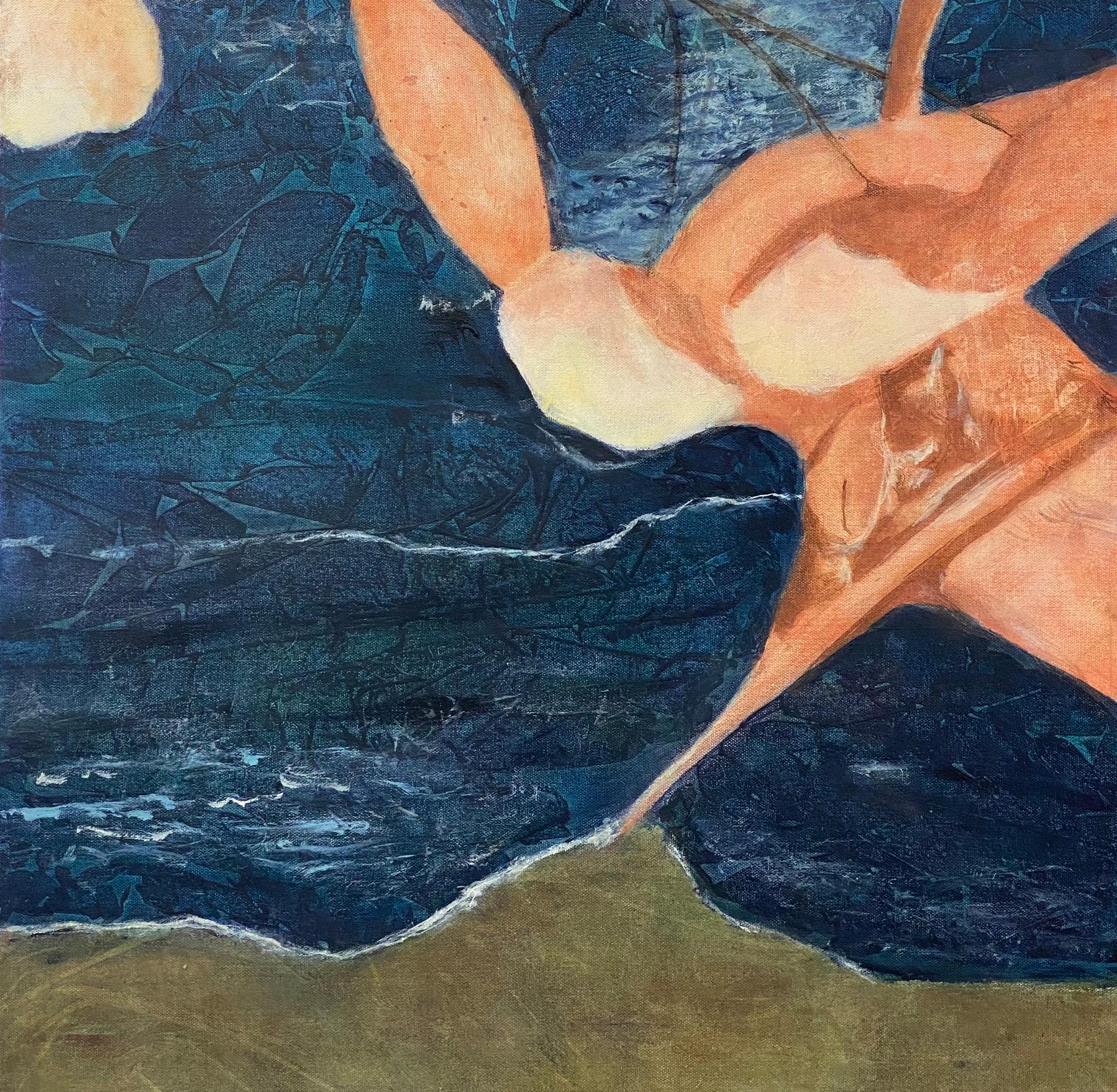 Variation 5, orange, bleu foncé, vert olive, paysage aquatique contemporain, minuit
