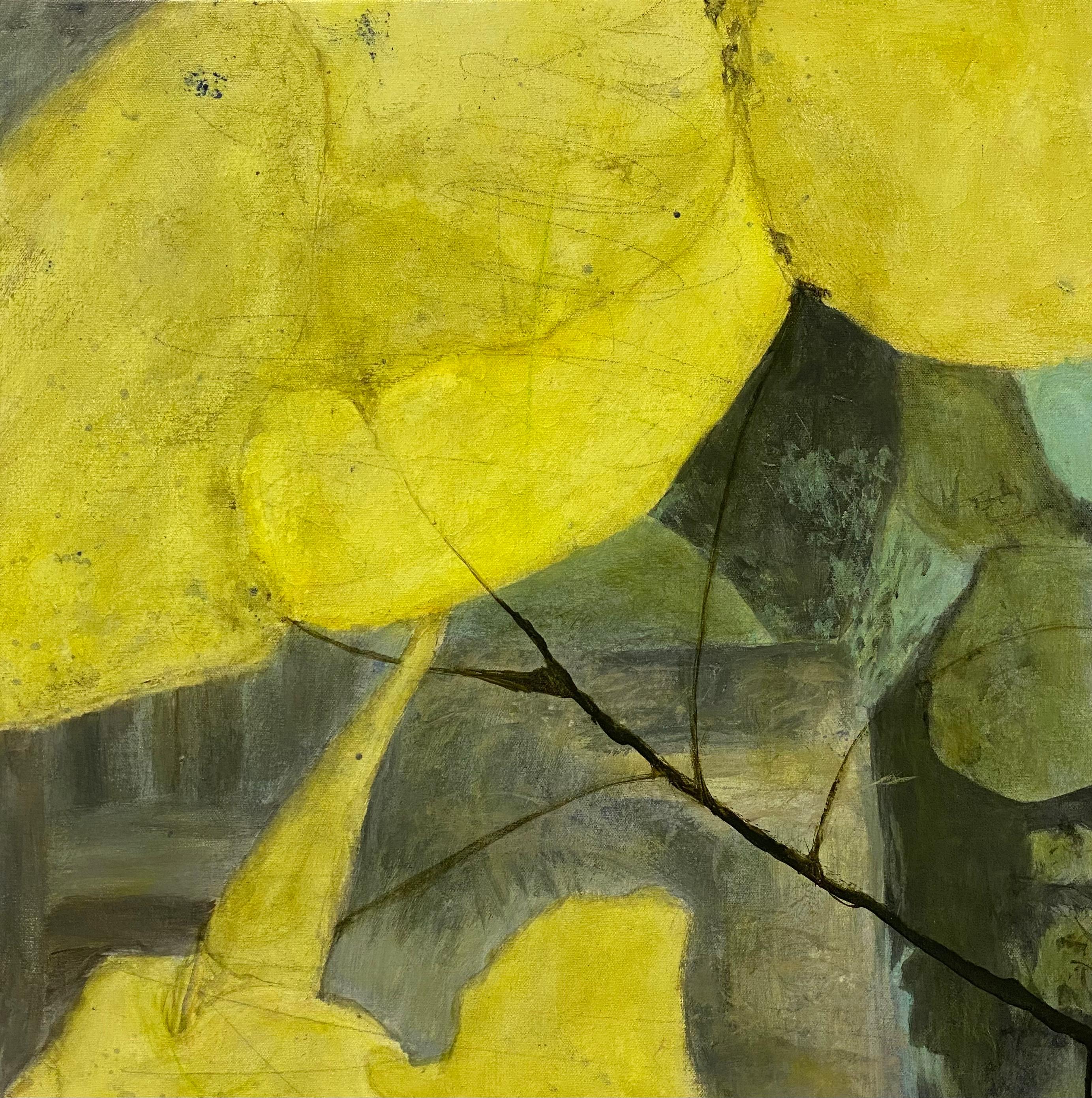 Juanita Bellavance  Landscape Painting - Variation 9, neon yellow, teal, neutral, nature inspired 
