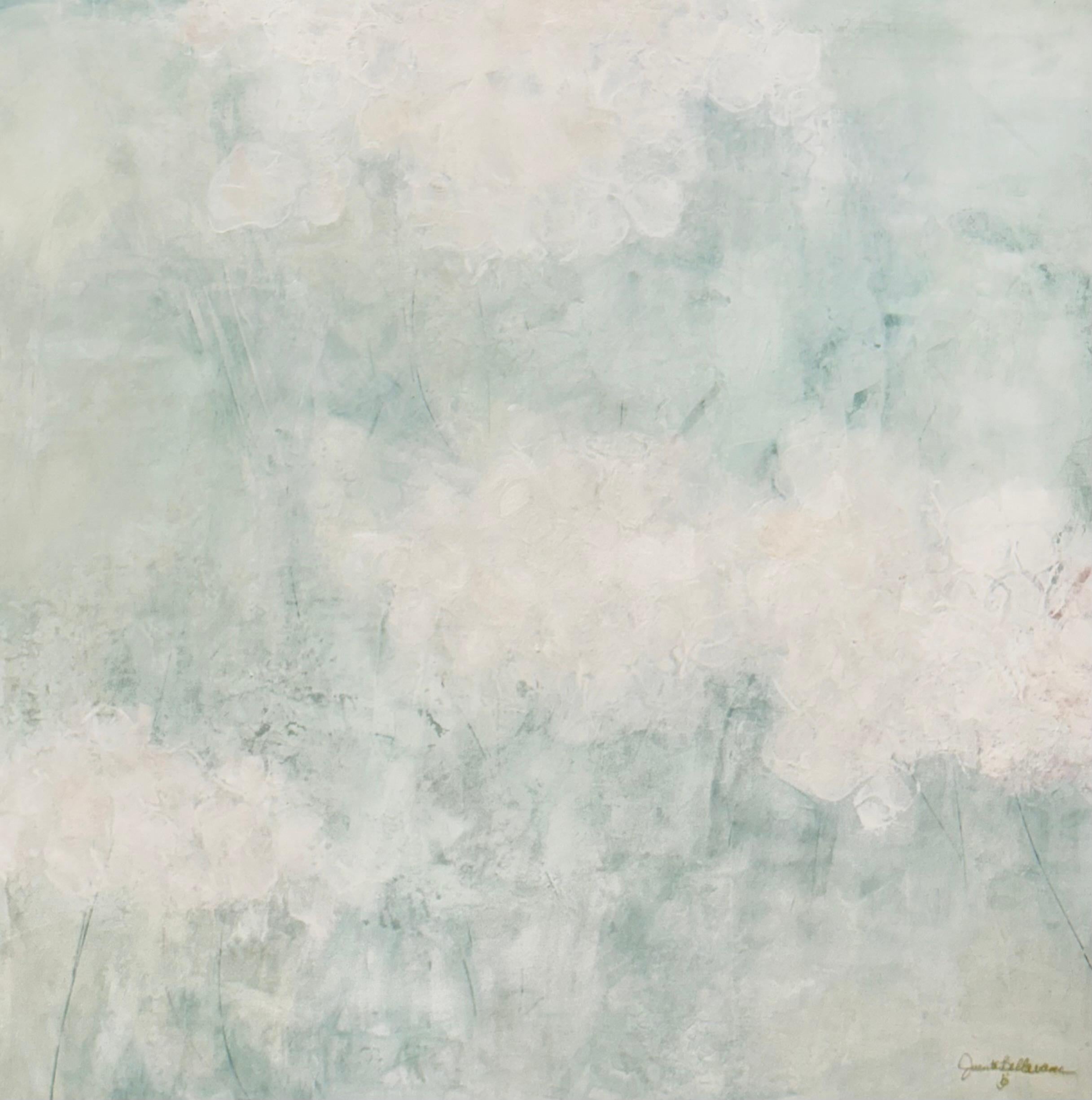 Weightless Presence, seafoam green, pink, soft, serene, atmospheric - Painting de Juanita Bellavance 