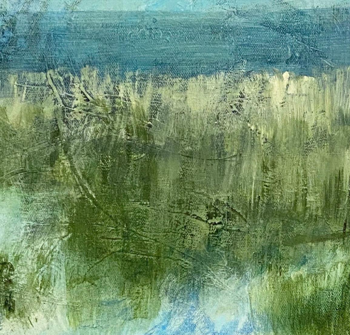 Where the marshes run low, abstract landscape, green and blue. Marshes - Gray Landscape Painting by Juanita Bellavance 