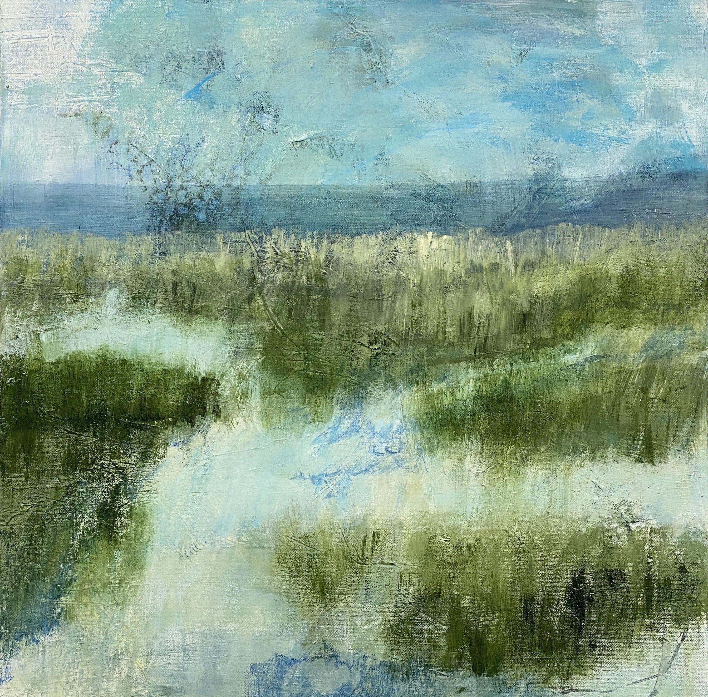 Juanita Bellavance  Landscape Painting – Where the Marshes run low, abstrakte Landschaft, grn und blau. Smpfe