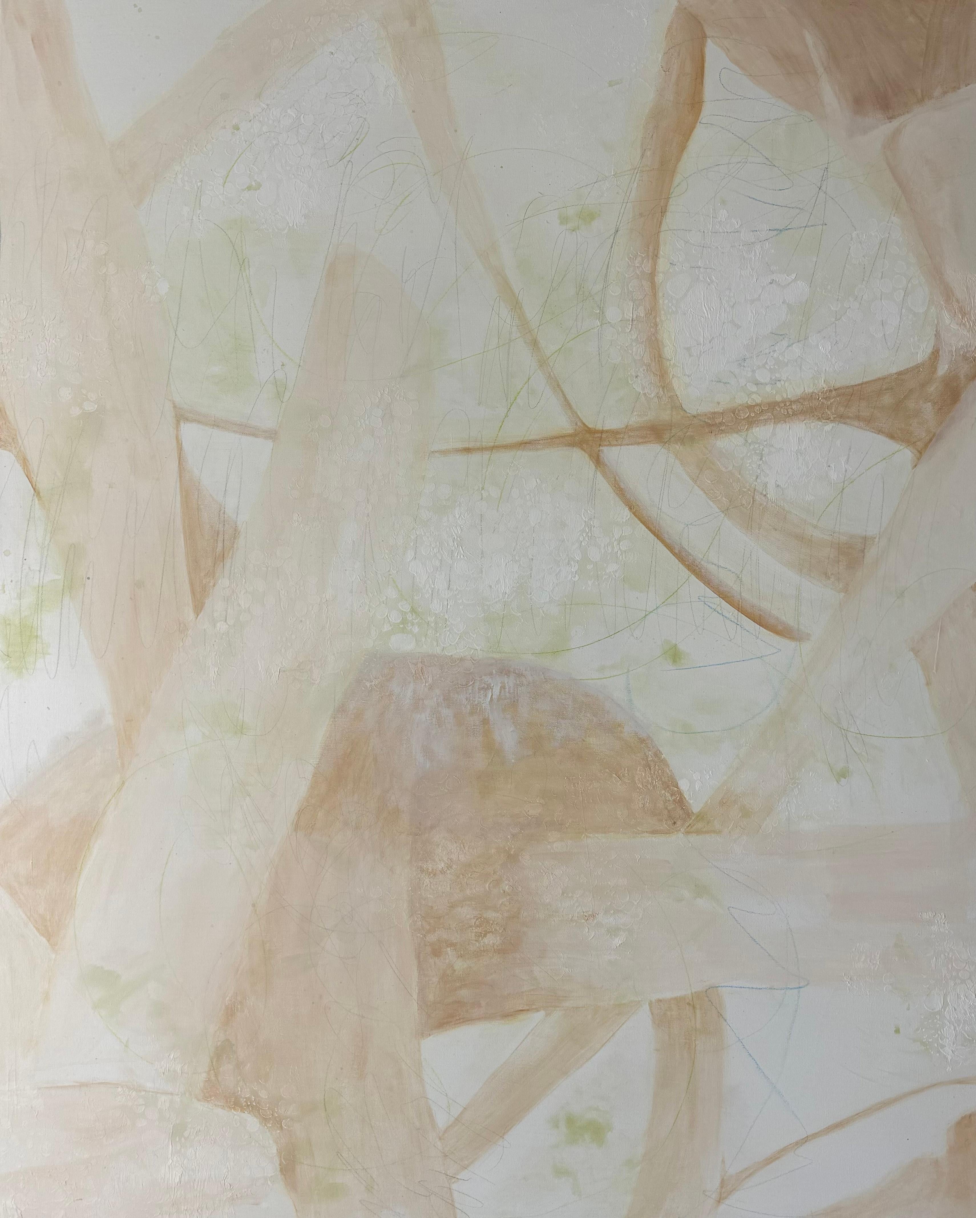 Murmures de la canopée 2, neutre, doux, terre de sienne, botanique, large - Painting de Juanita Bellavance 