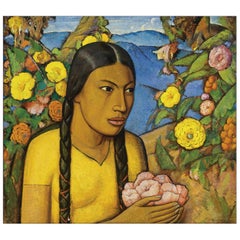 Juanita Entre Las Flores, After Alfredo Martinez, Spanish Colonial Oil Painting