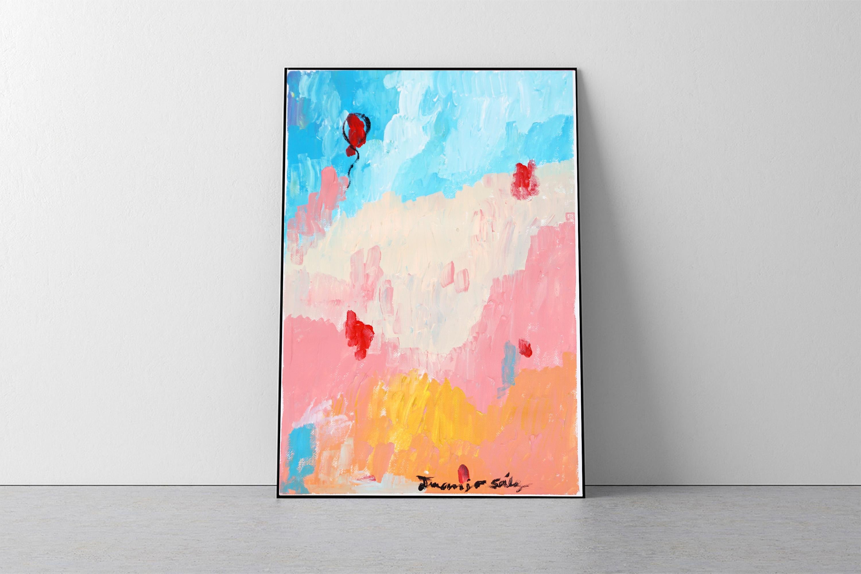 Se escapó un globo, Pintura postimpresionista de paisaje sobre papel, Pastel rosa - Painting de Juanjo Saez