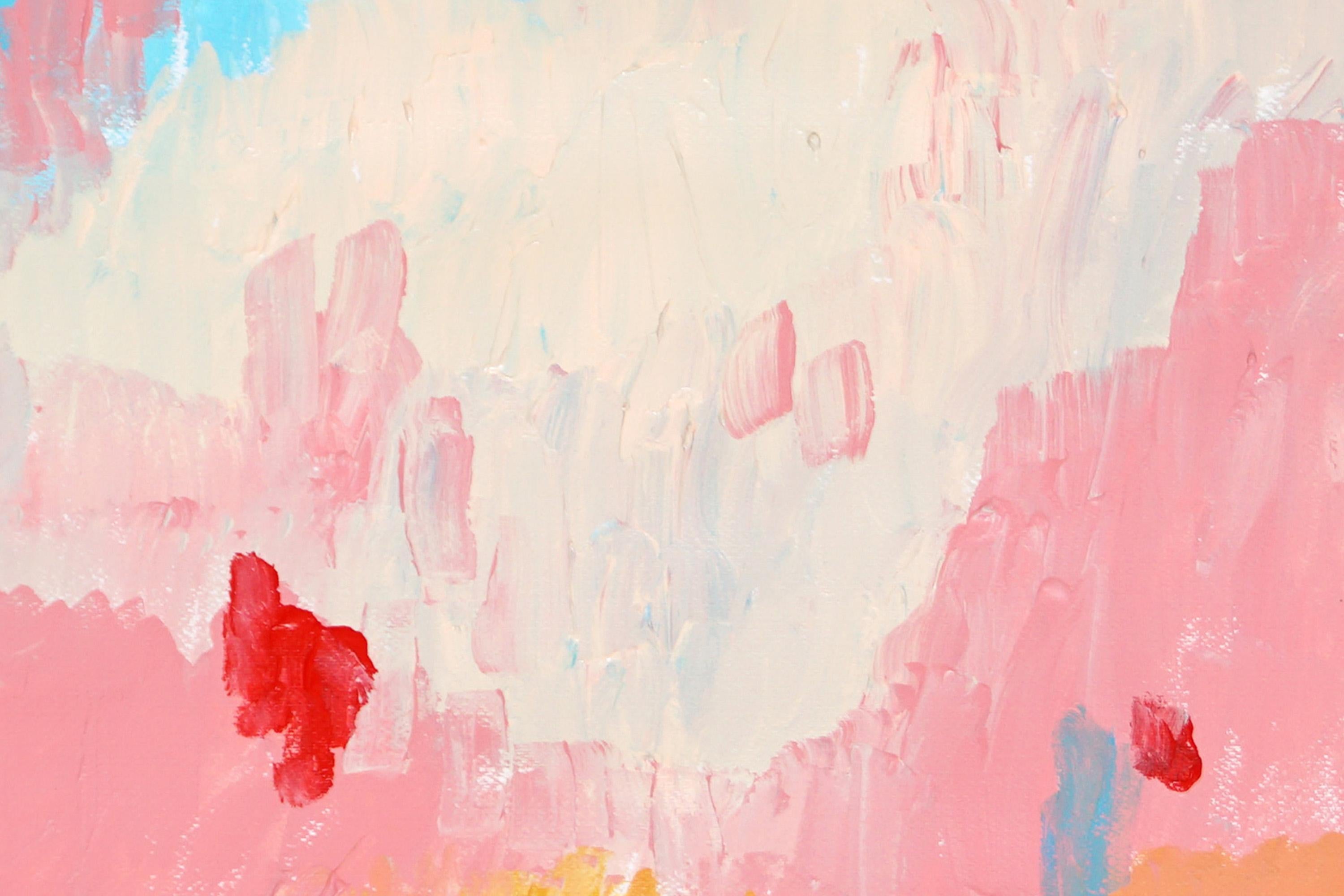 Se escapó un globo, Pintura postimpresionista de paisaje sobre papel, Pastel rosa - Painting impresionista estadounidense de Juanjo Saez