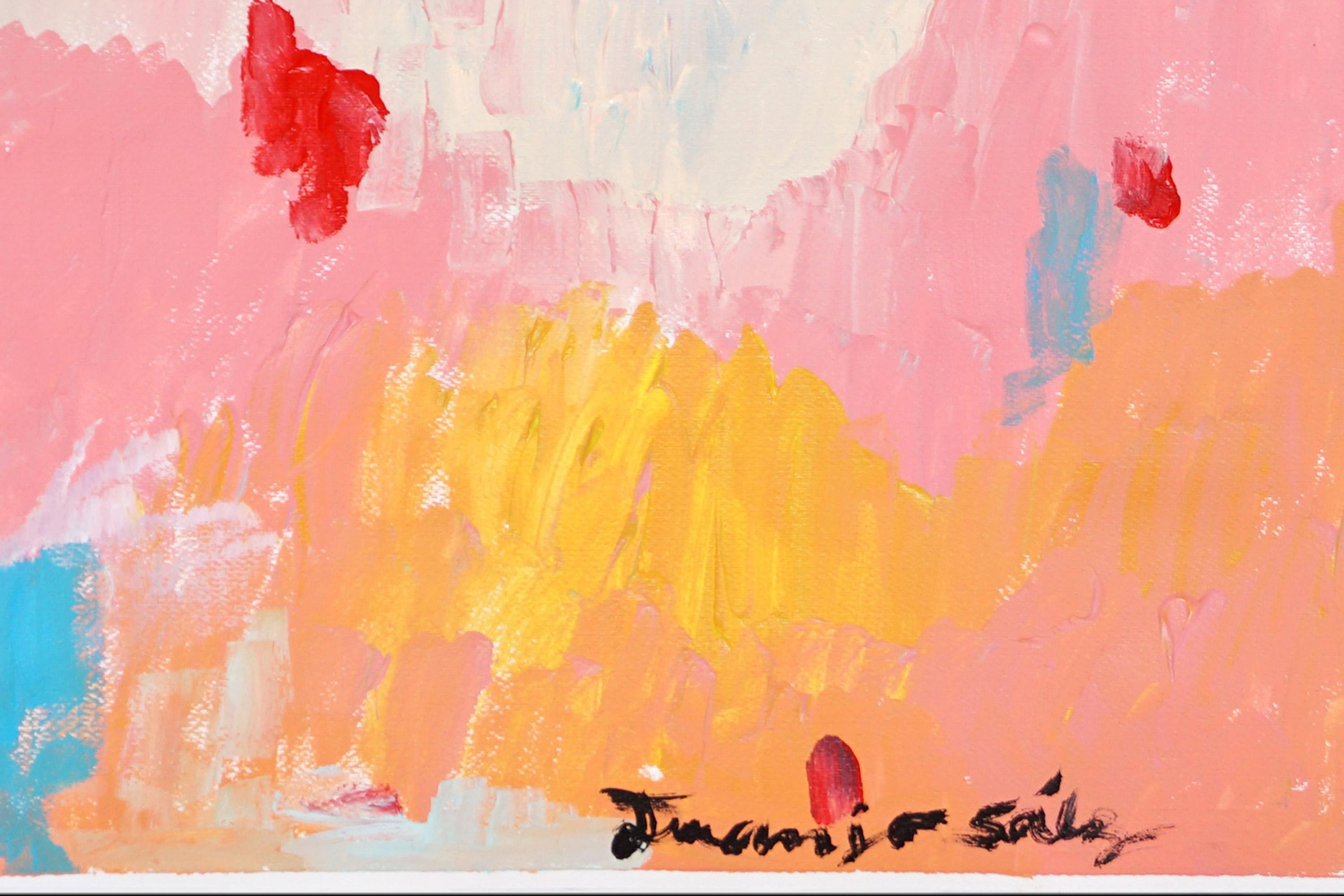Se escapó un globo, Pintura postimpresionista de paisaje sobre papel, Pastel rosa - Landscape Painting Beige de Juanjo Saez