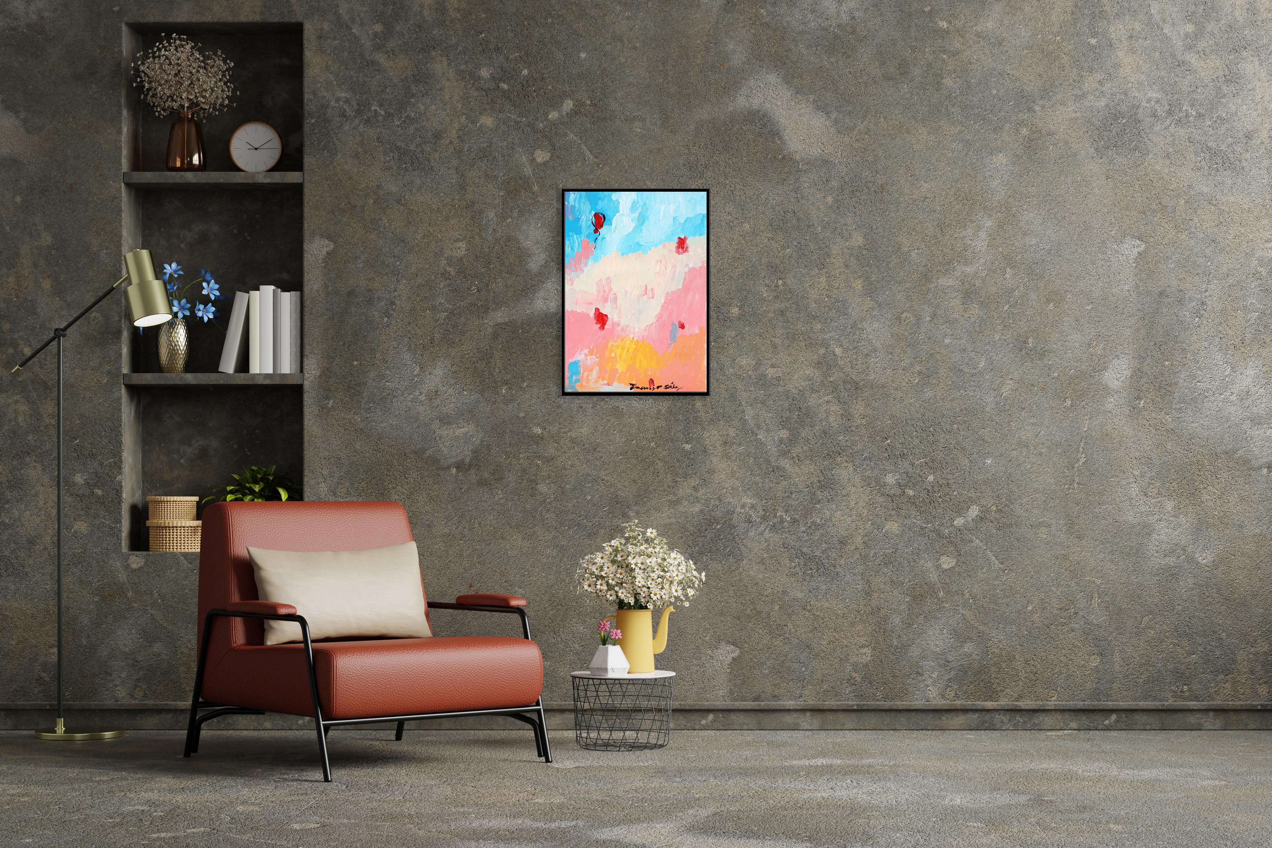 Se escapó un globo, Pintura postimpresionista de paisaje sobre papel, Pastel rosa en venta 1
