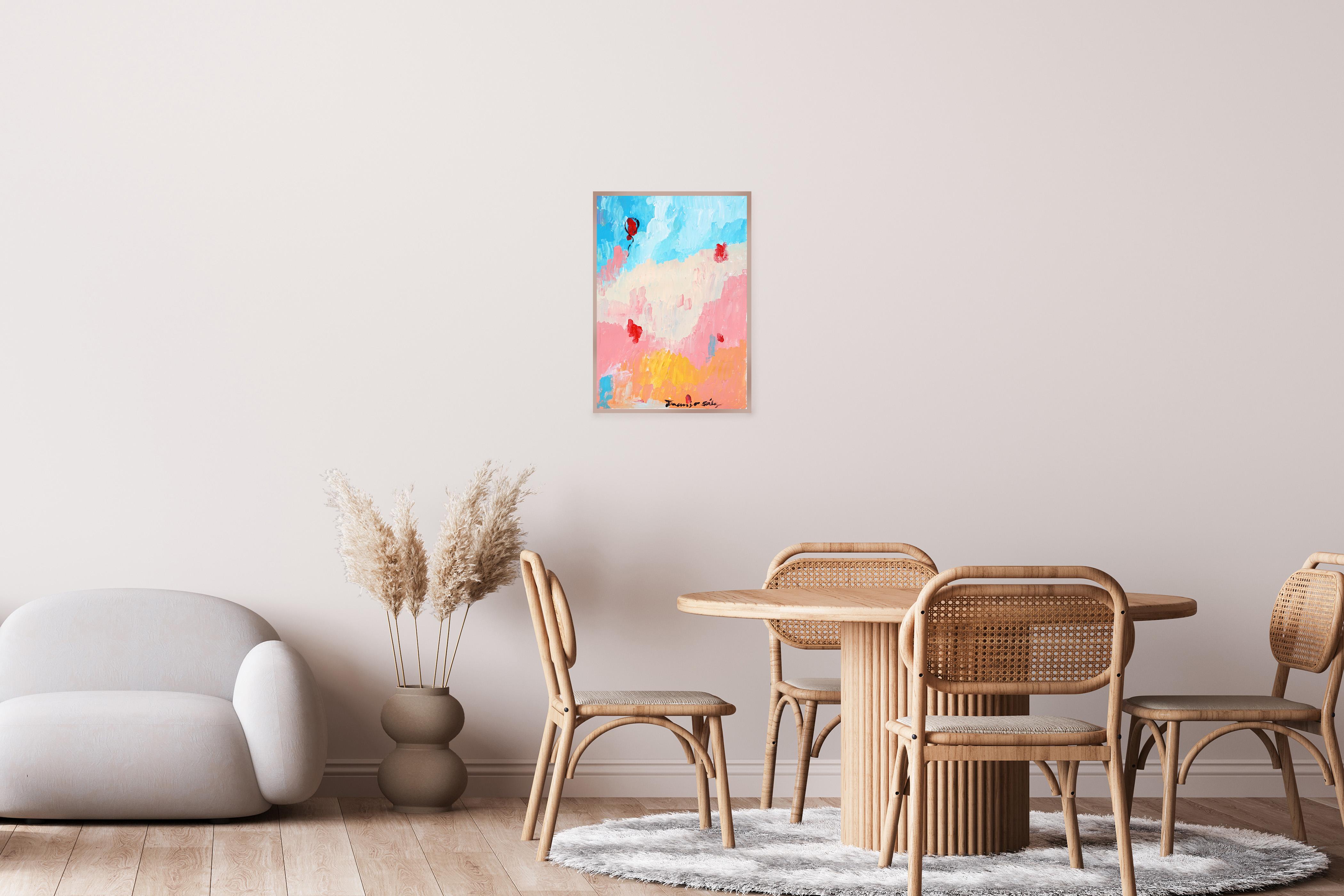 Se escapó un globo, Pintura postimpresionista de paisaje sobre papel, Pastel rosa en venta 2