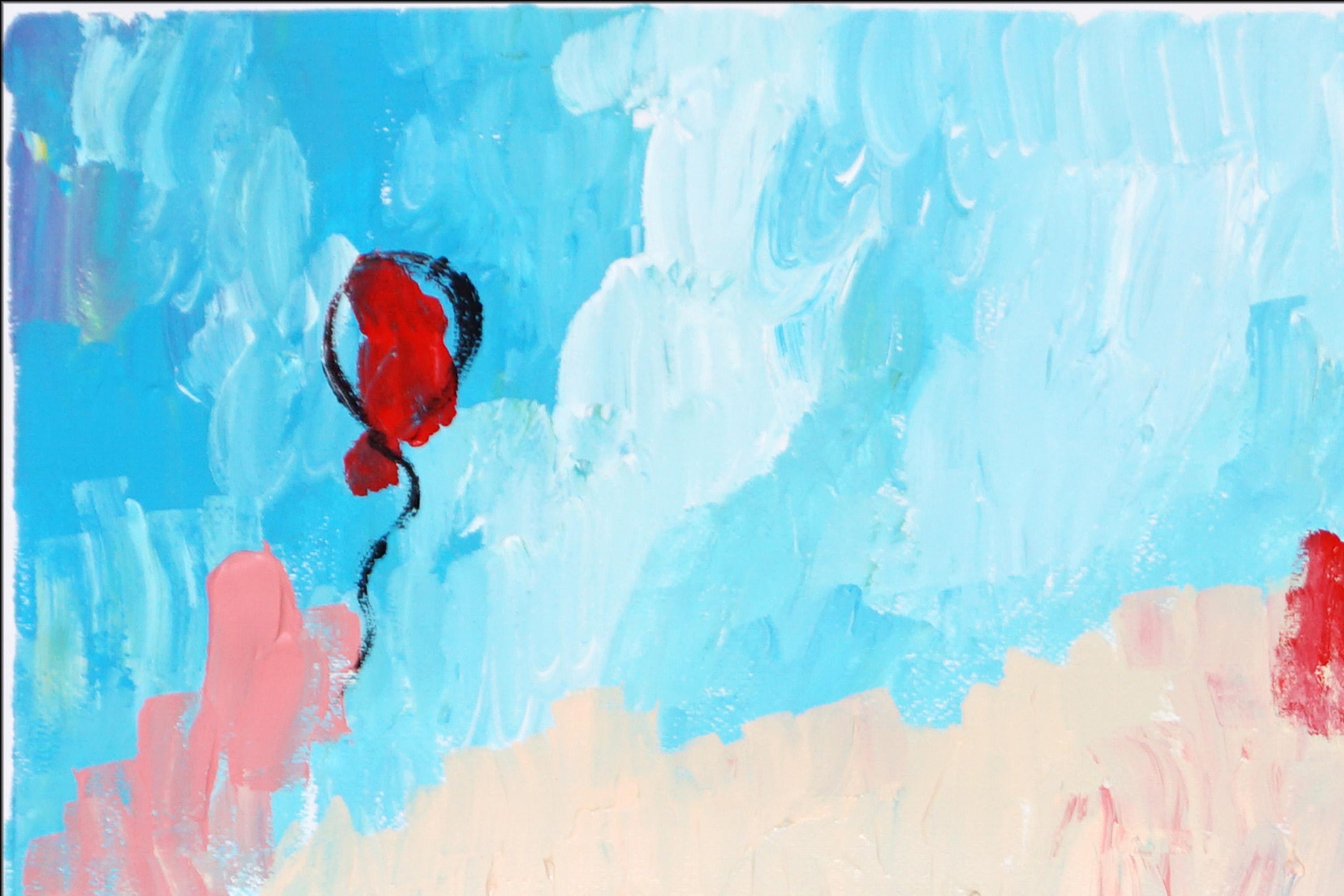 Se escapó un globo, Pintura postimpresionista de paisaje sobre papel, Pastel rosa en venta 3