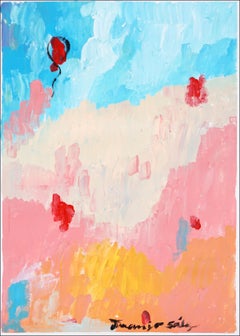 Se escapó un globo, Pintura postimpresionista de paisaje sobre papel, Pastel rosa