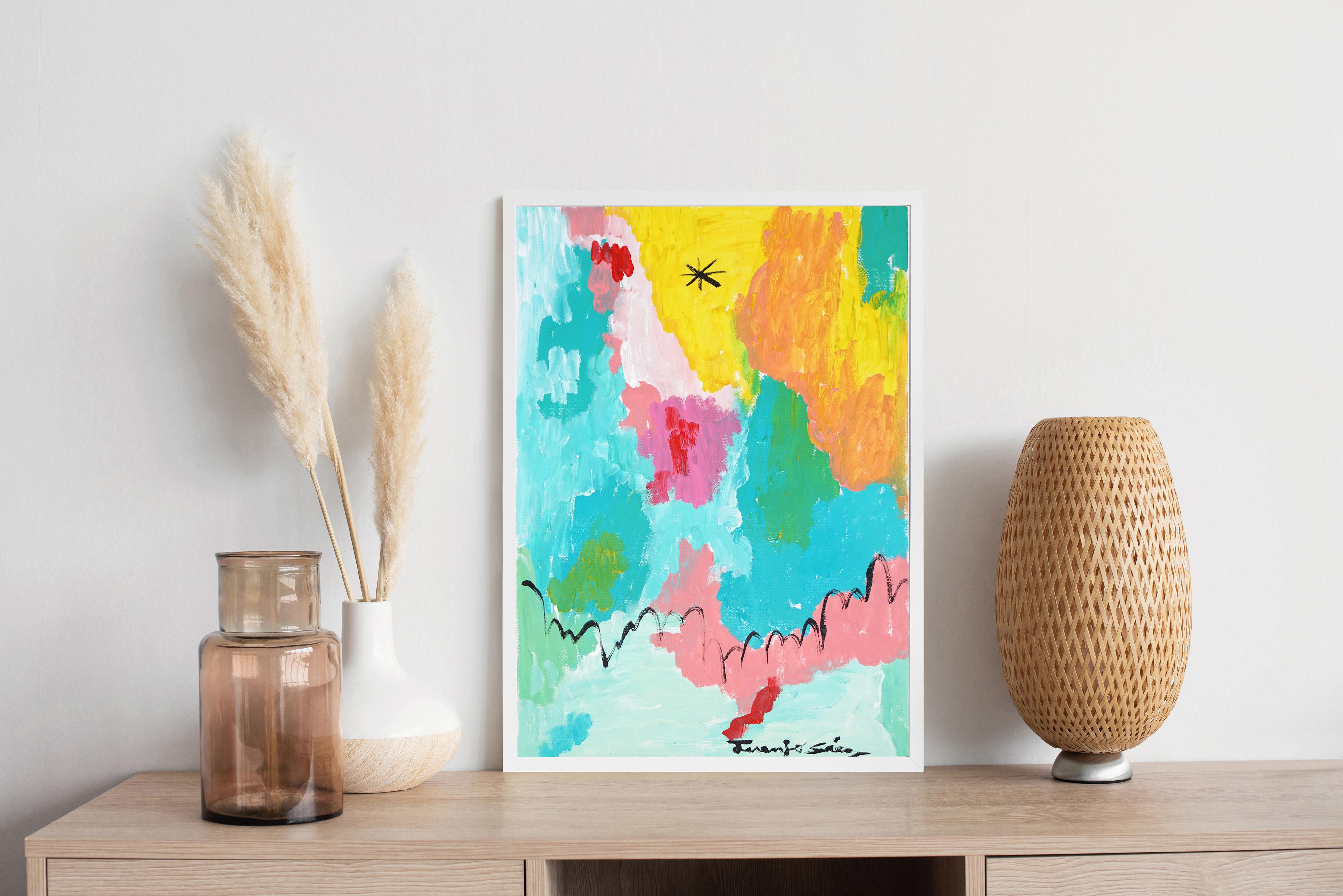 A Star in Your Path, Faux Naïf, Expressionistische Malerei in Vivid Tones auf Papier – Painting von Juanjo Saez