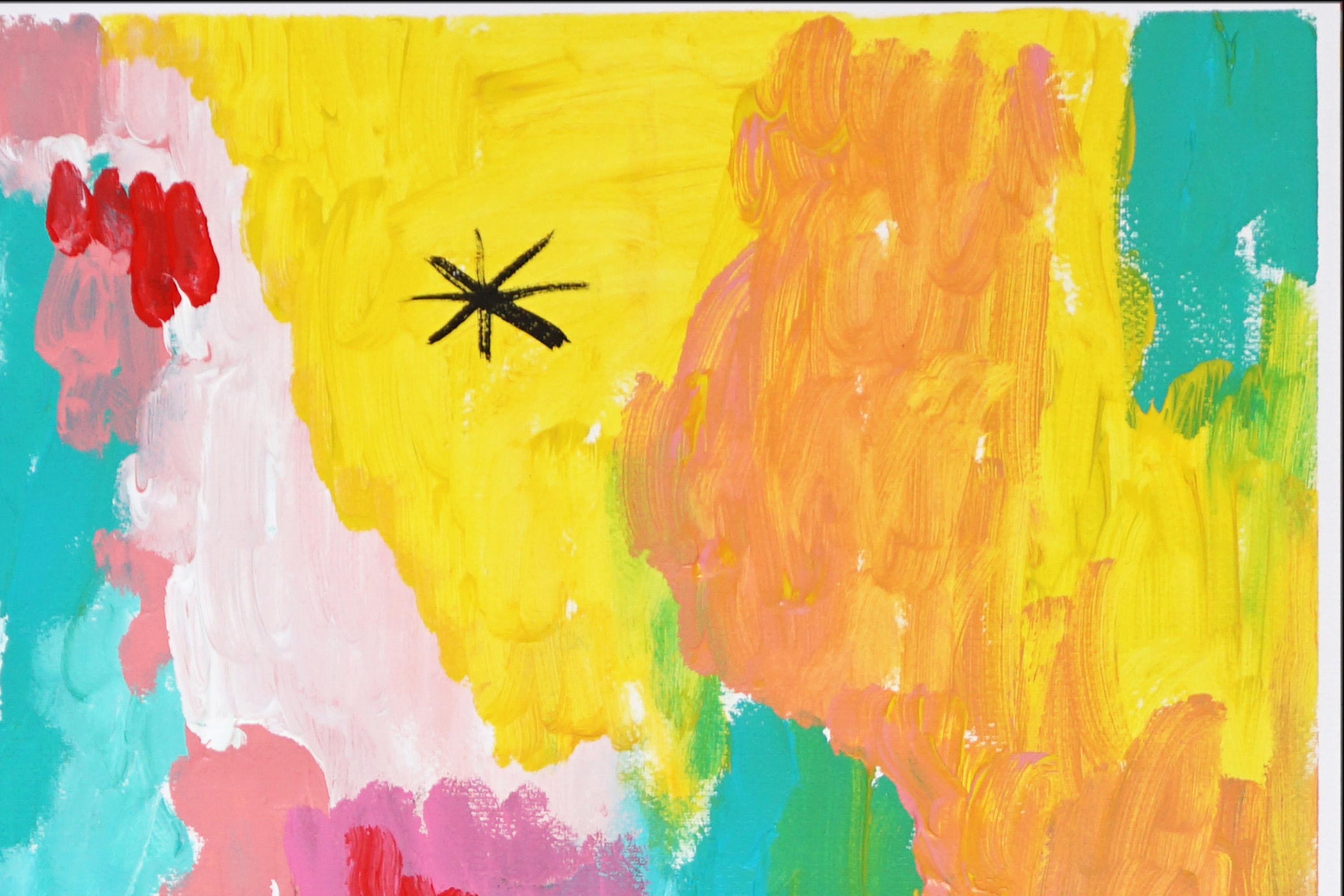 A Star in Your Path, Faux Naïf, Expressionistische Malerei in Vivid Tones auf Papier (Beige), Landscape Painting, von Juanjo Saez