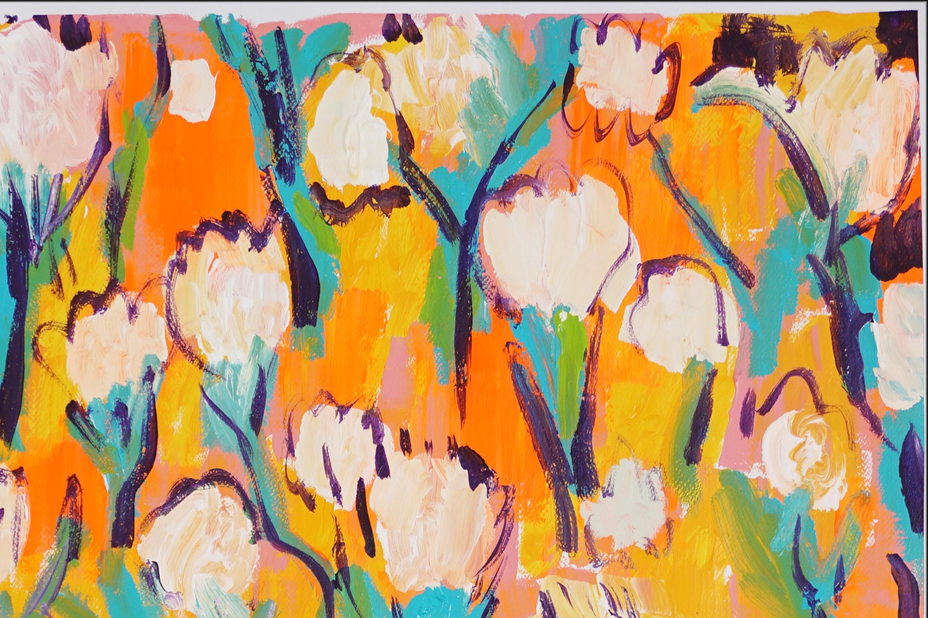 Vestido de mujer, motivos de tulipanes blancos, pintura acrílica sobre papel de acuarela en venta 1