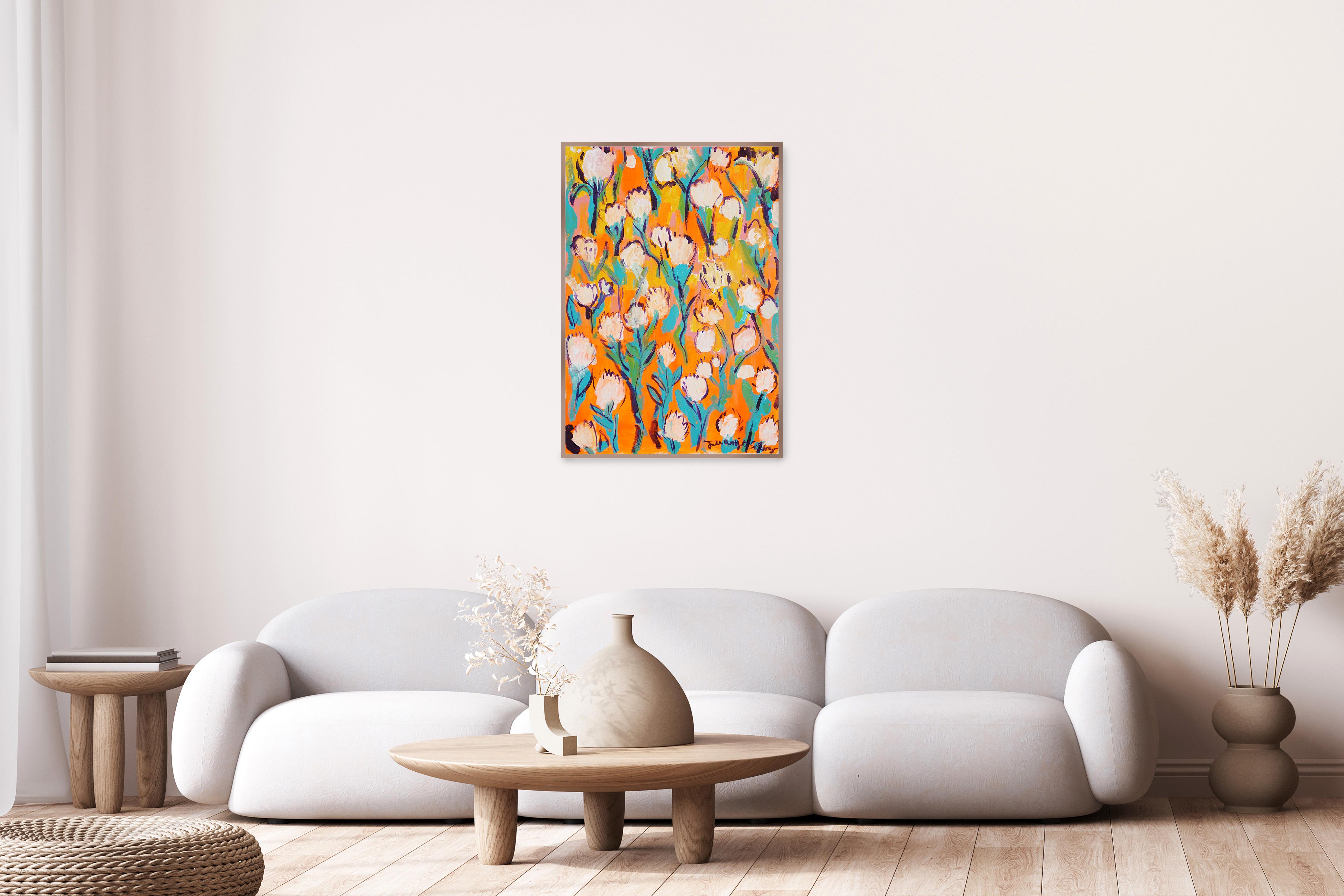 Vestido de mujer, motivos de tulipanes blancos, pintura acrílica sobre papel de acuarela en venta 2
