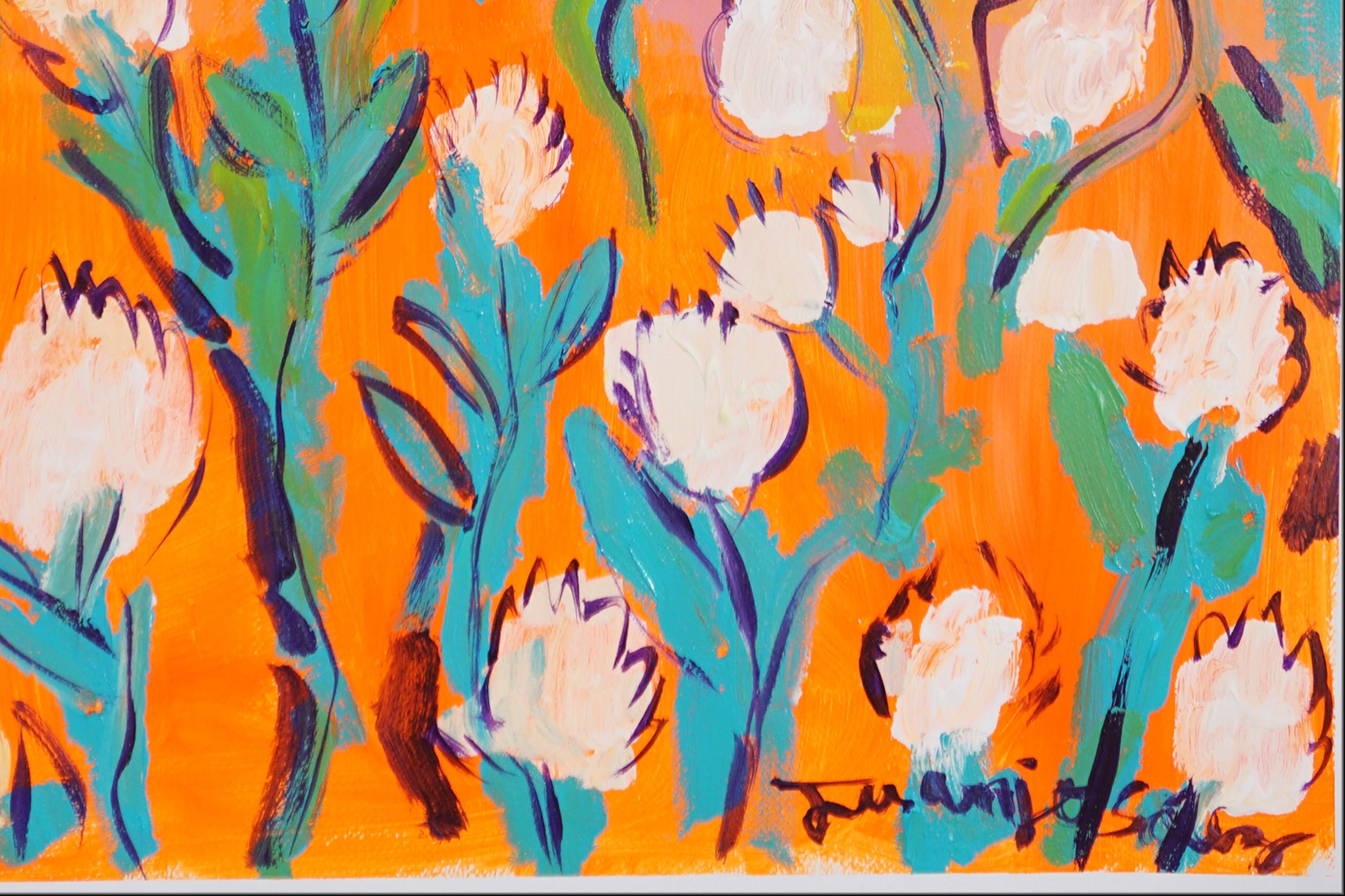 Vestido de mujer, motivos de tulipanes blancos, pintura acrílica sobre papel de acuarela en venta 3