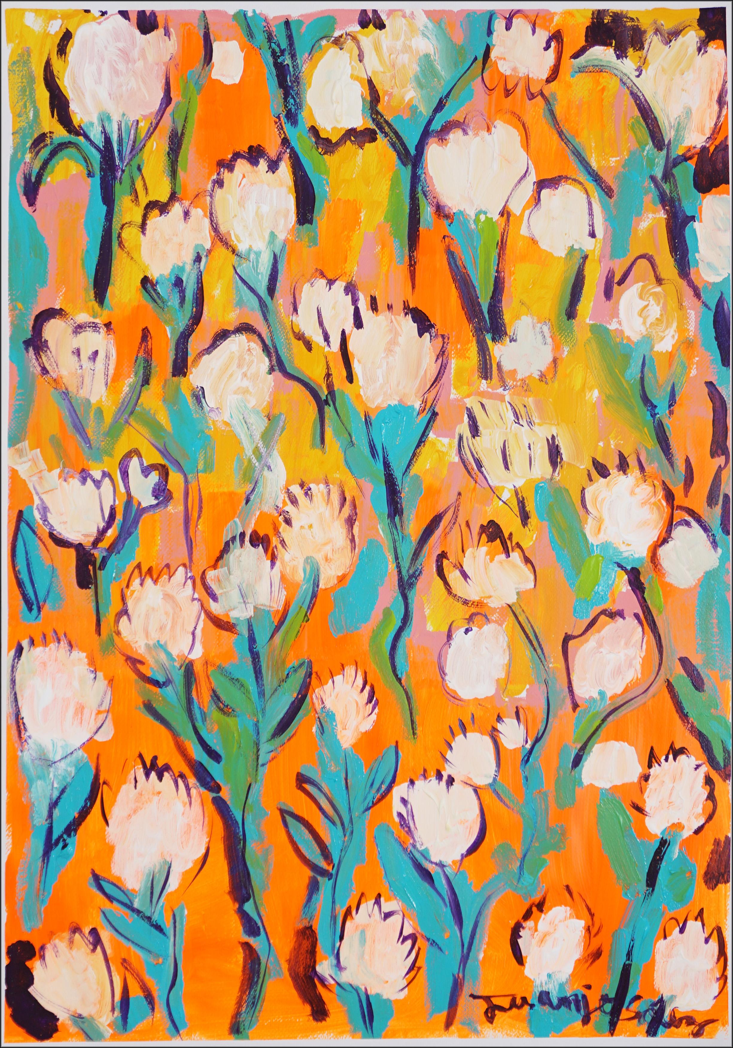 Vestido de mujer, motivos de tulipanes blancos, pintura acrílica sobre papel de acuarela