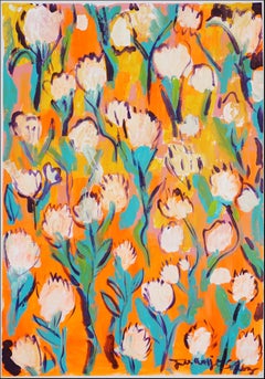 Vestido de mujer, motivos de tulipanes blancos, pintura acrílica sobre papel de acuarela