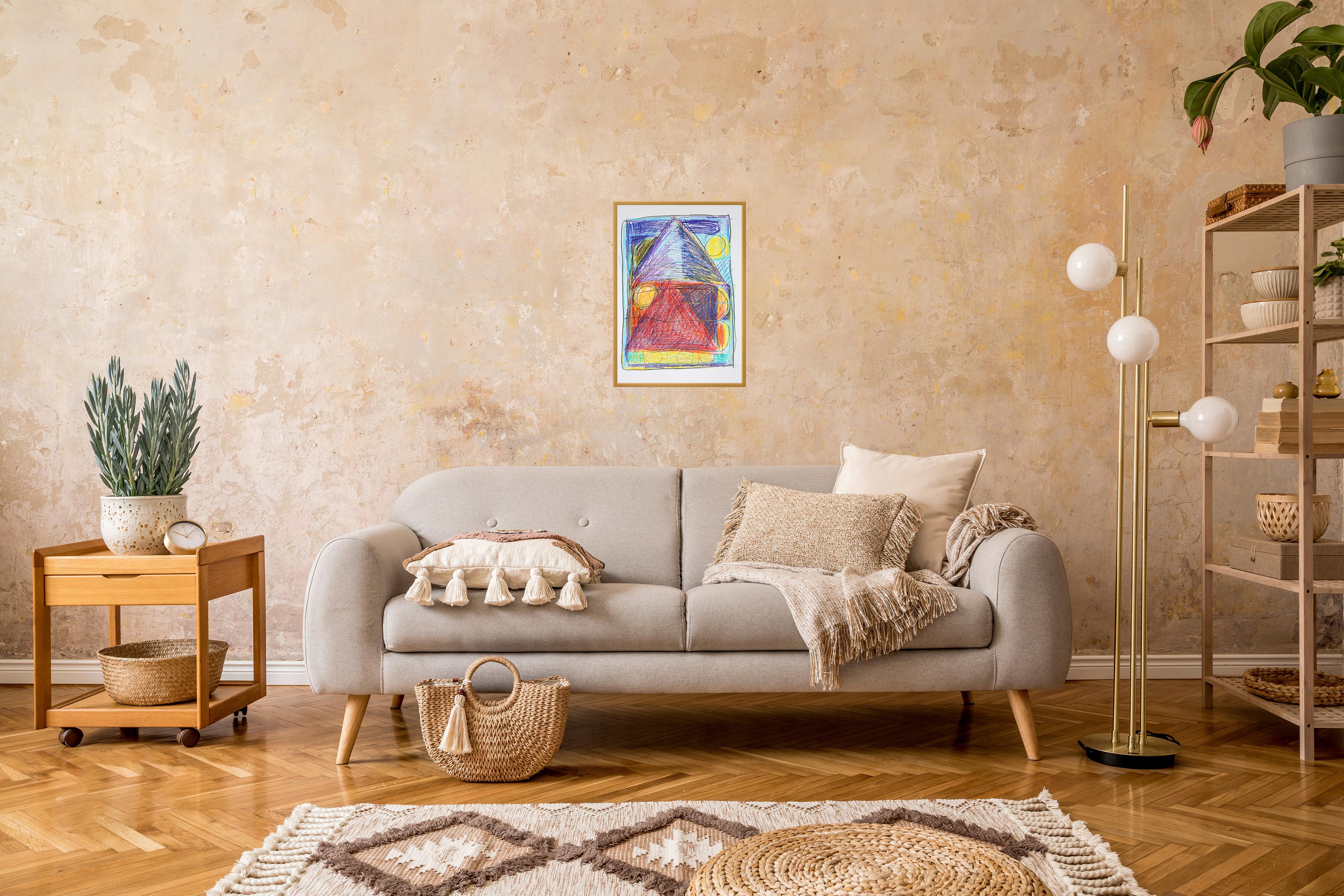 Architecture and Landscape is a playful and expressive drawing that reimagines the familiar shape of a house through bold color blocks and dynamic crayon textures. With its geometric simplicity and vibrant palette, the work channels childlike wonder
