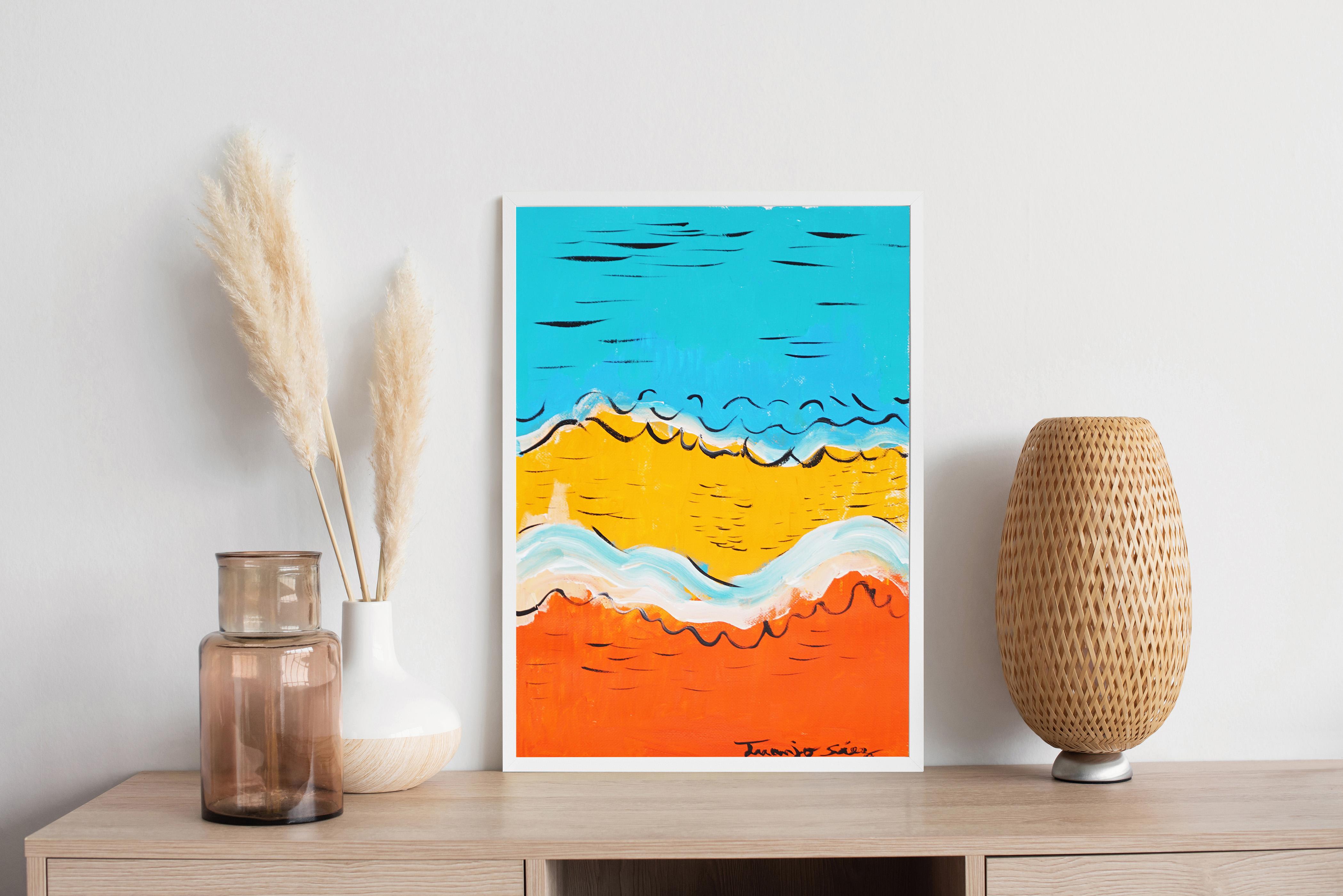 Beach and Coca-Cola, Abstract vs Figurative Painting, Mediterranean Seascape - Orange Landscape Painting by Juanjo Saez
