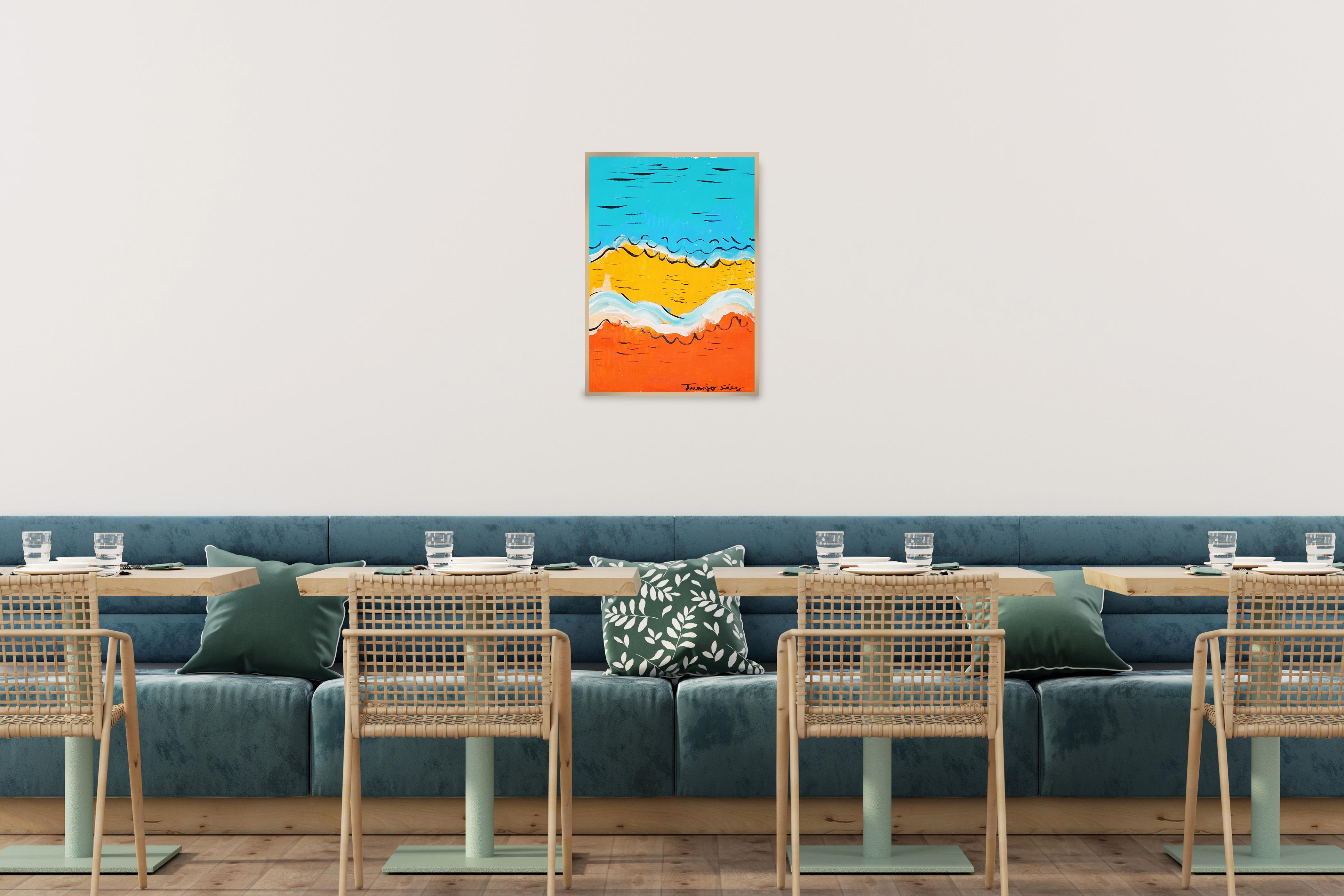 Beach and Coca-Cola, Abstract vs Figurative Painting, Mediterranean Seascape For Sale 1