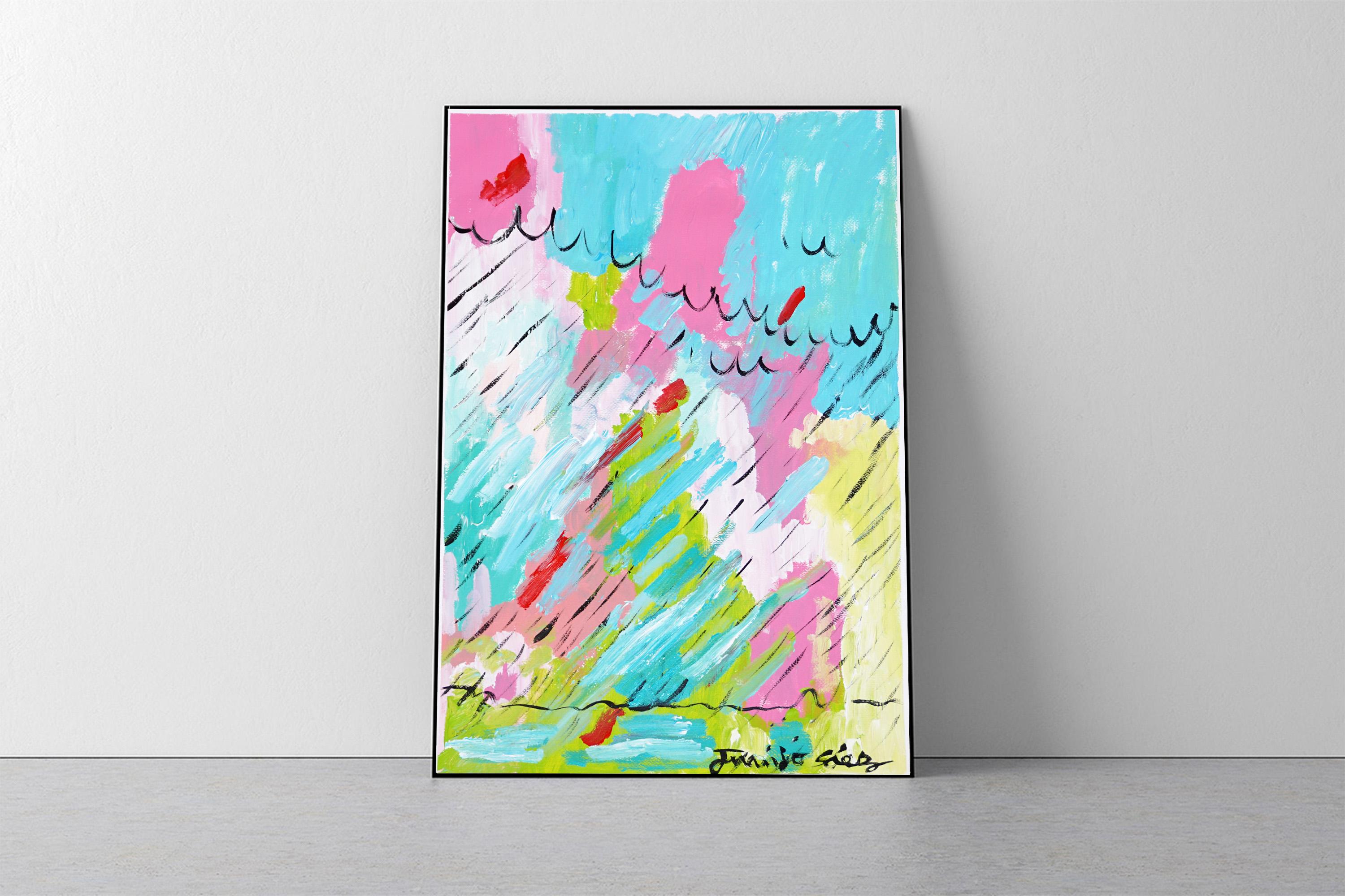 Brainstorming, Vivid Tones Abstrakte Landschaft, Vigorous Pinselstriche auf Papier – Painting von Juanjo Saez