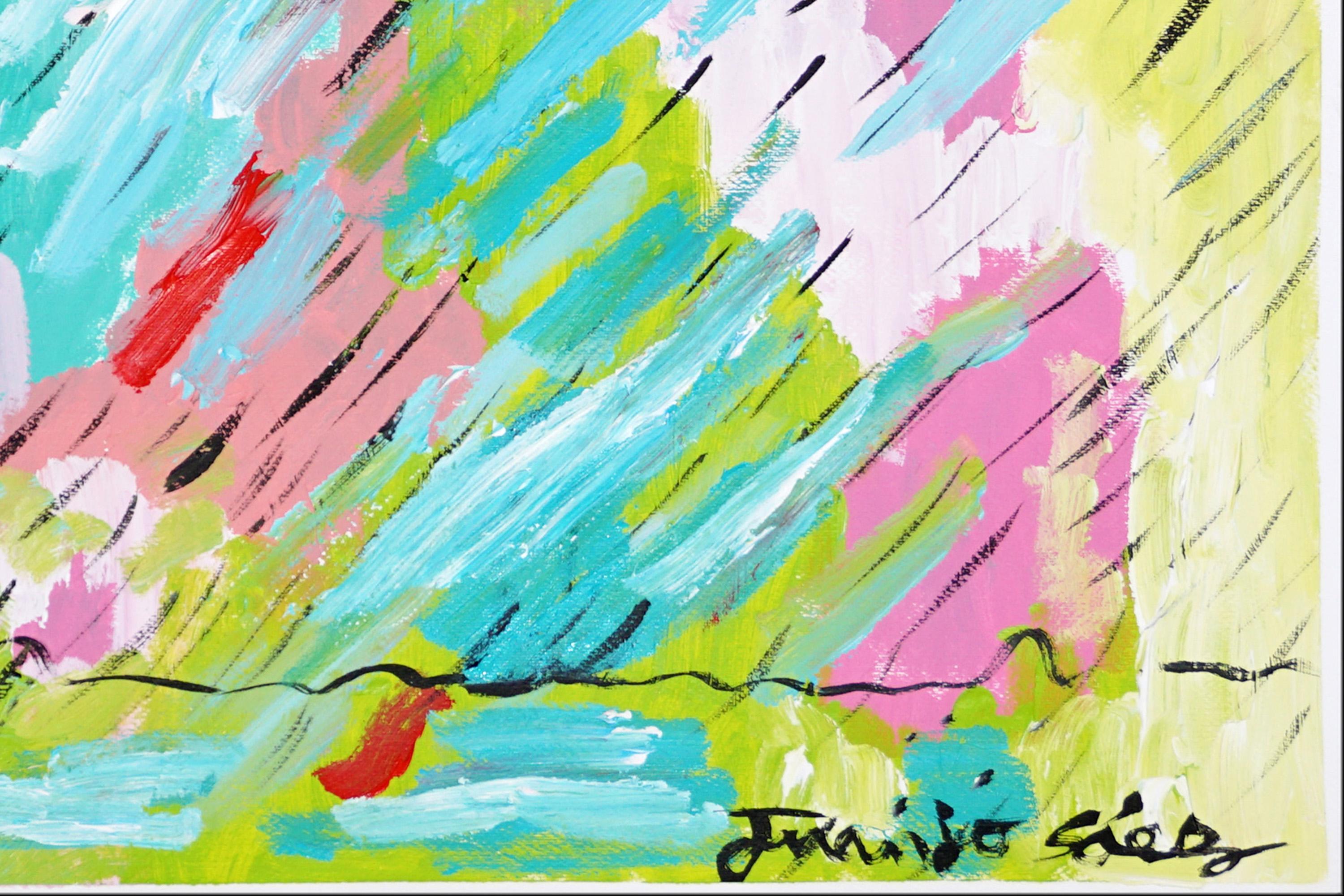 Brainstorming, Vivid Tones Abstrakte Landschaft, Vigorous Pinselstriche auf Papier im Angebot 3