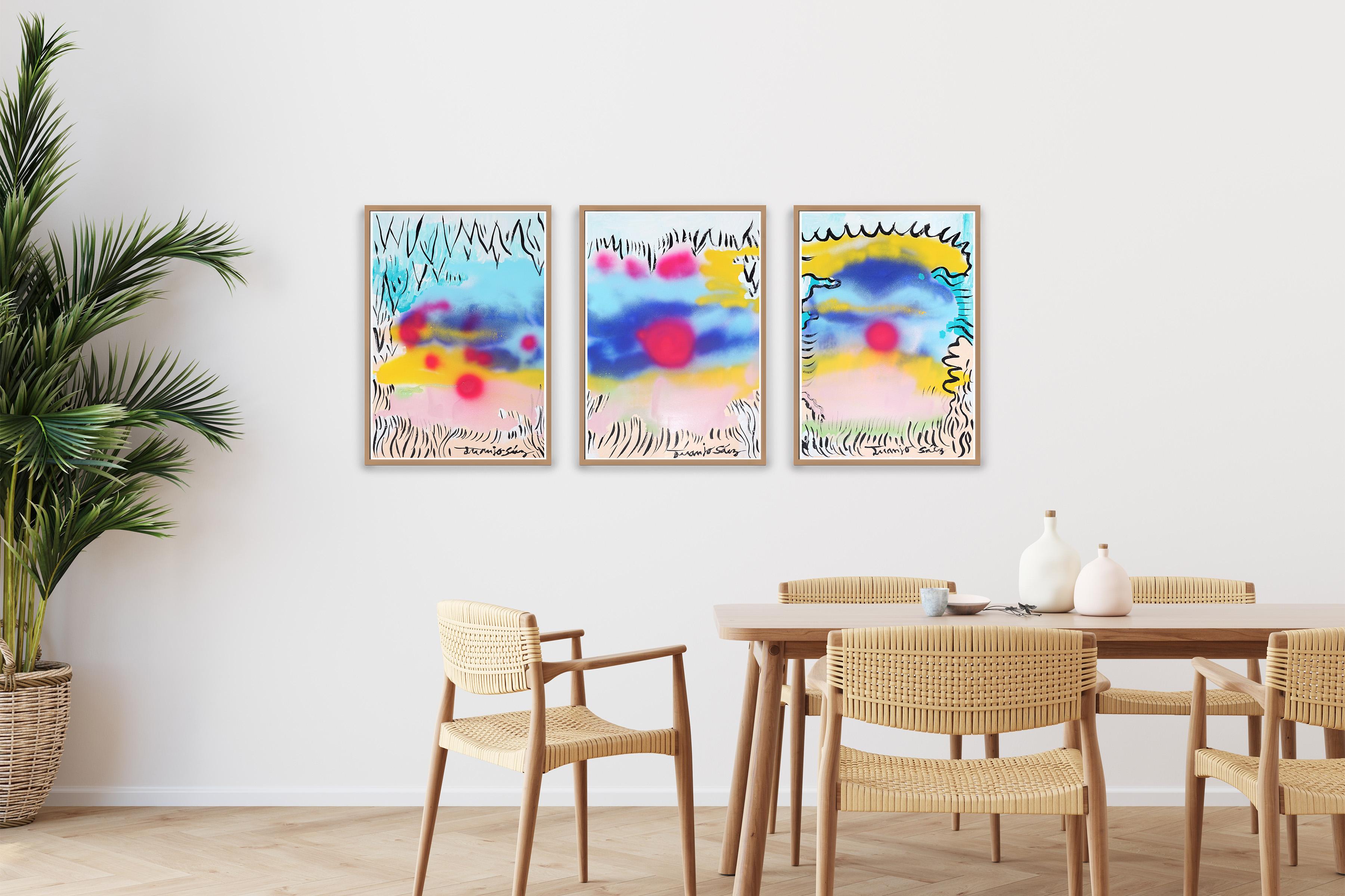 Bubbles Between Clouds, Contemporary Triptych Painting, Expressive Landscape - Gray Landscape Painting by Juanjo Saez