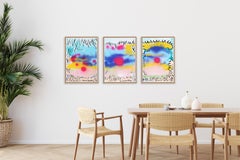 Bubbles Between Clouds, Contemporary Triptych Painting, Expressive Landscape