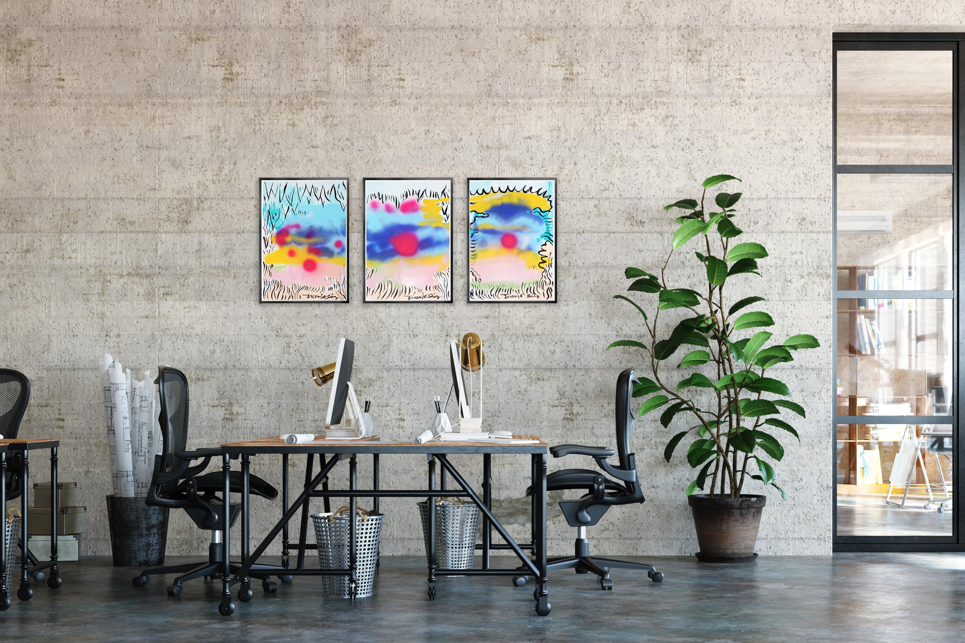 Bubbles Between Clouds is a vibrant triptych by Juanjo Sáez that merges abstraction with lyrical gesture. Layers of spray paint and brushwork create a dreamlike landscape, where bold red spheres float against shifting fields of blue, pink, and