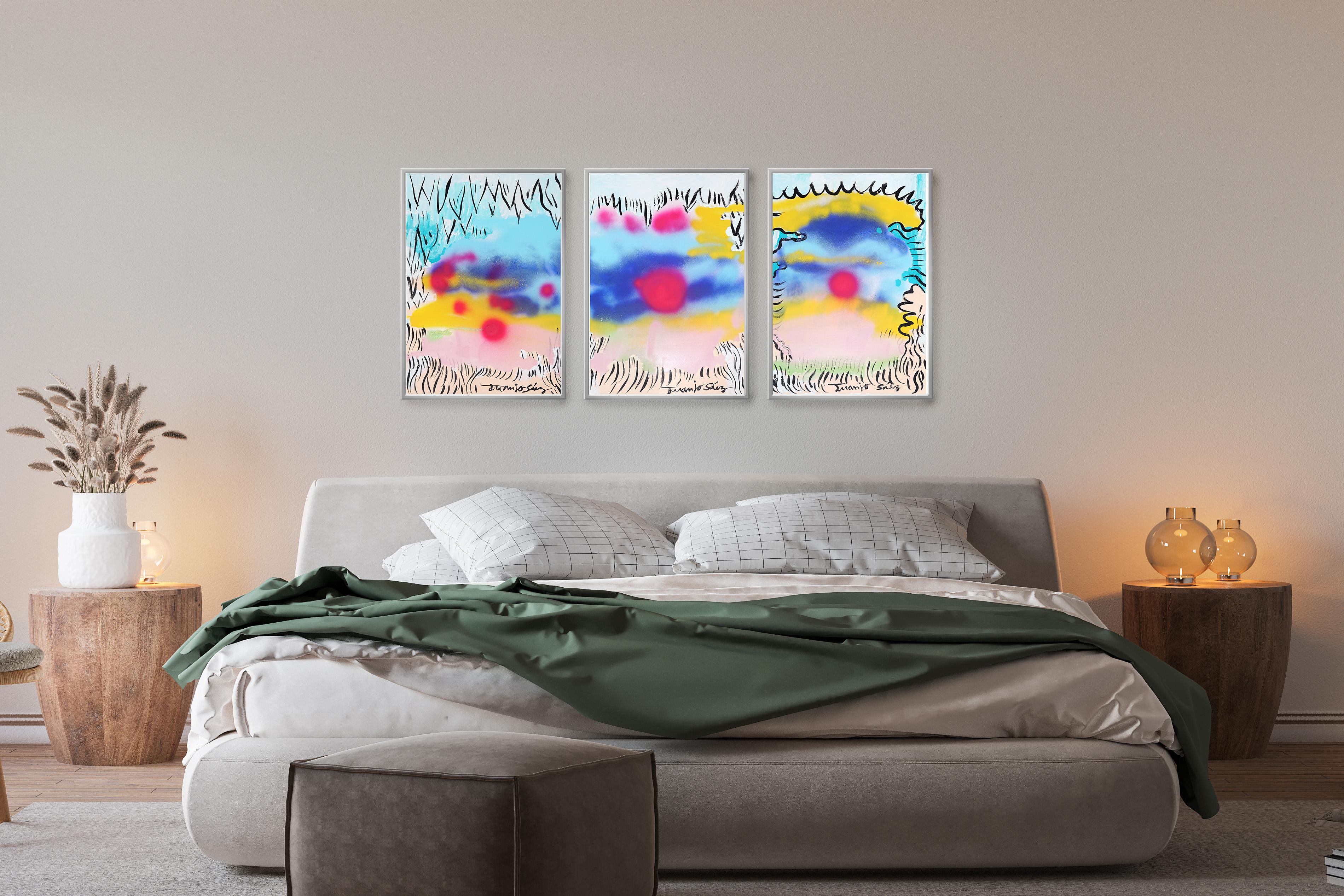 Bubbles Between Clouds, Contemporary Triptych Painting, Expressive Landscape For Sale 3