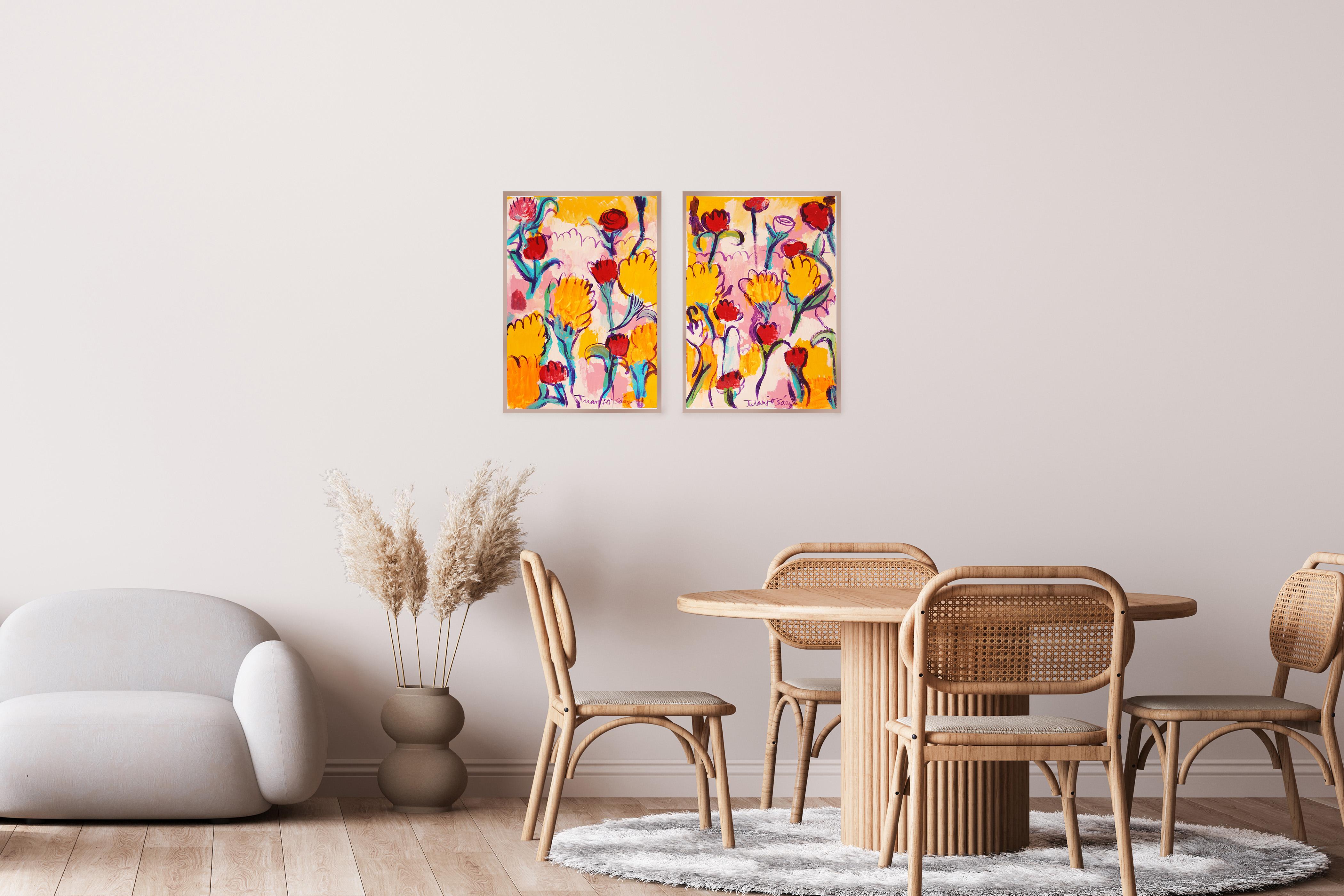 Fiori per Melissa, dittico di bouquet dai toni della terra, Faux Naïf, su carta, giallo - Painting di Juanjo Saez