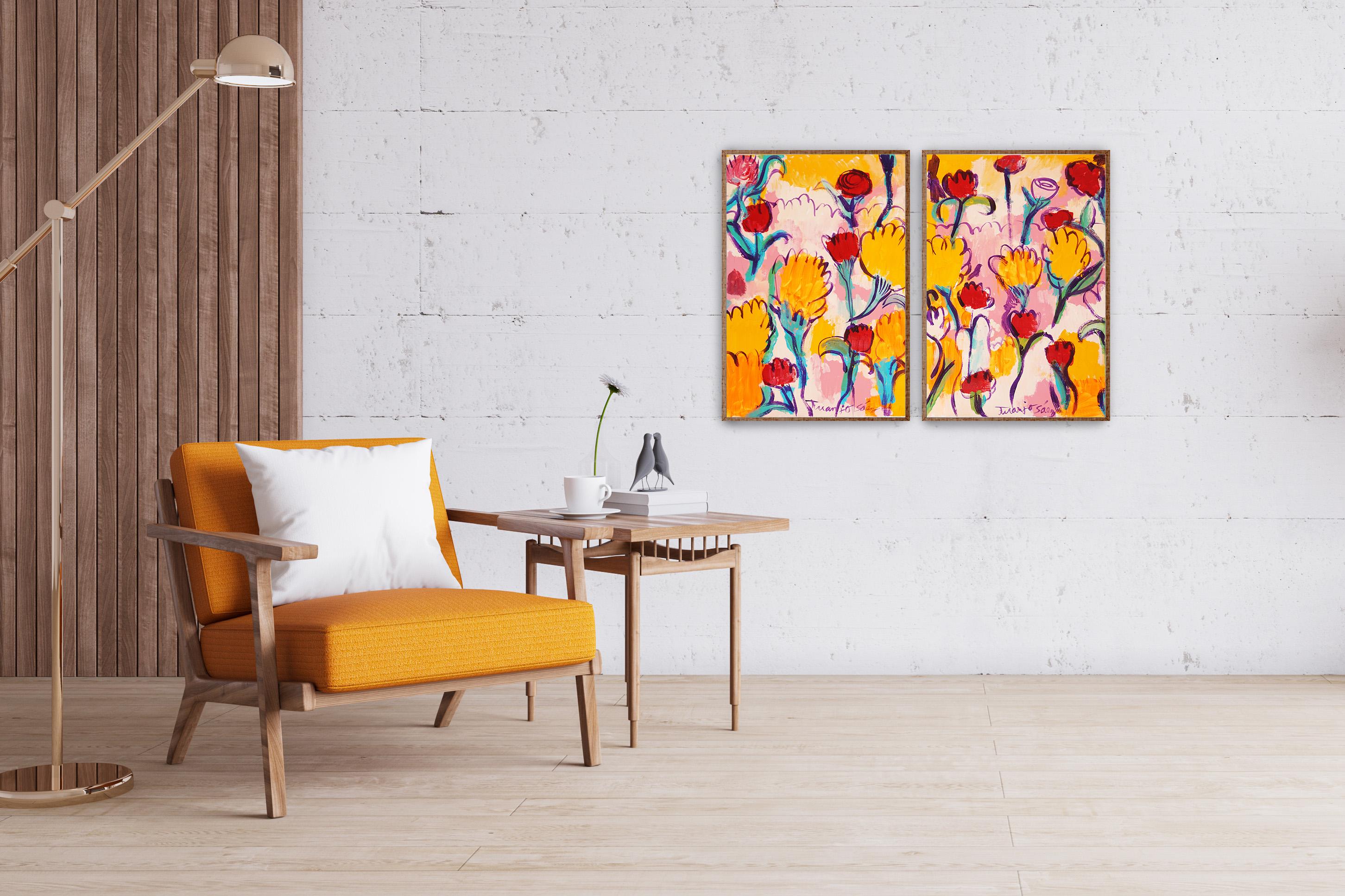Fiori per Melissa, dittico di bouquet dai toni della terra, Faux Naïf, su carta, giallo - Painting Neoespressionismo di Juanjo Saez
