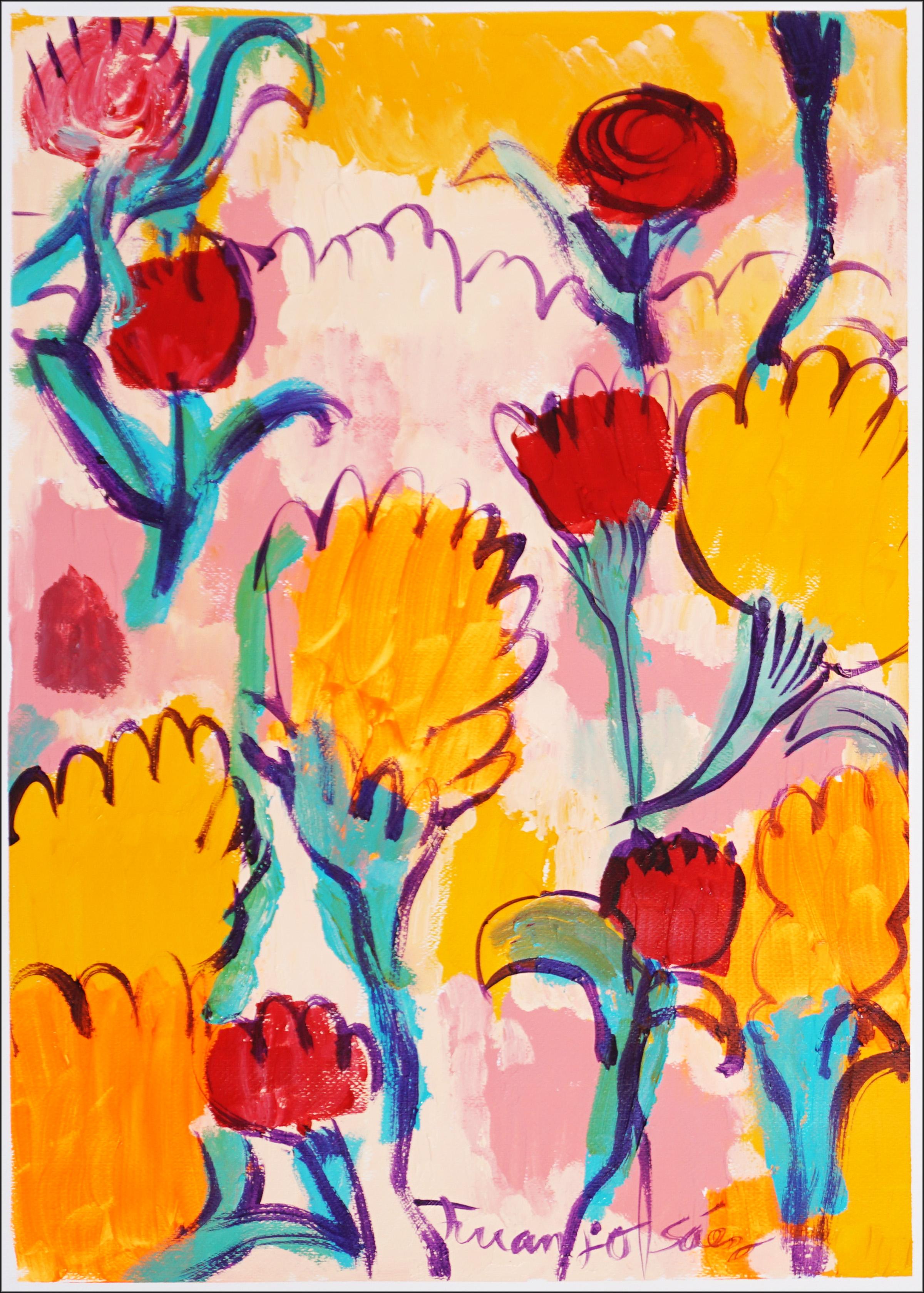 Fiori per Melissa, dittico di bouquet dai toni della terra, Faux Naïf, su carta, giallo - Landscape Painting Beige di Juanjo Saez
