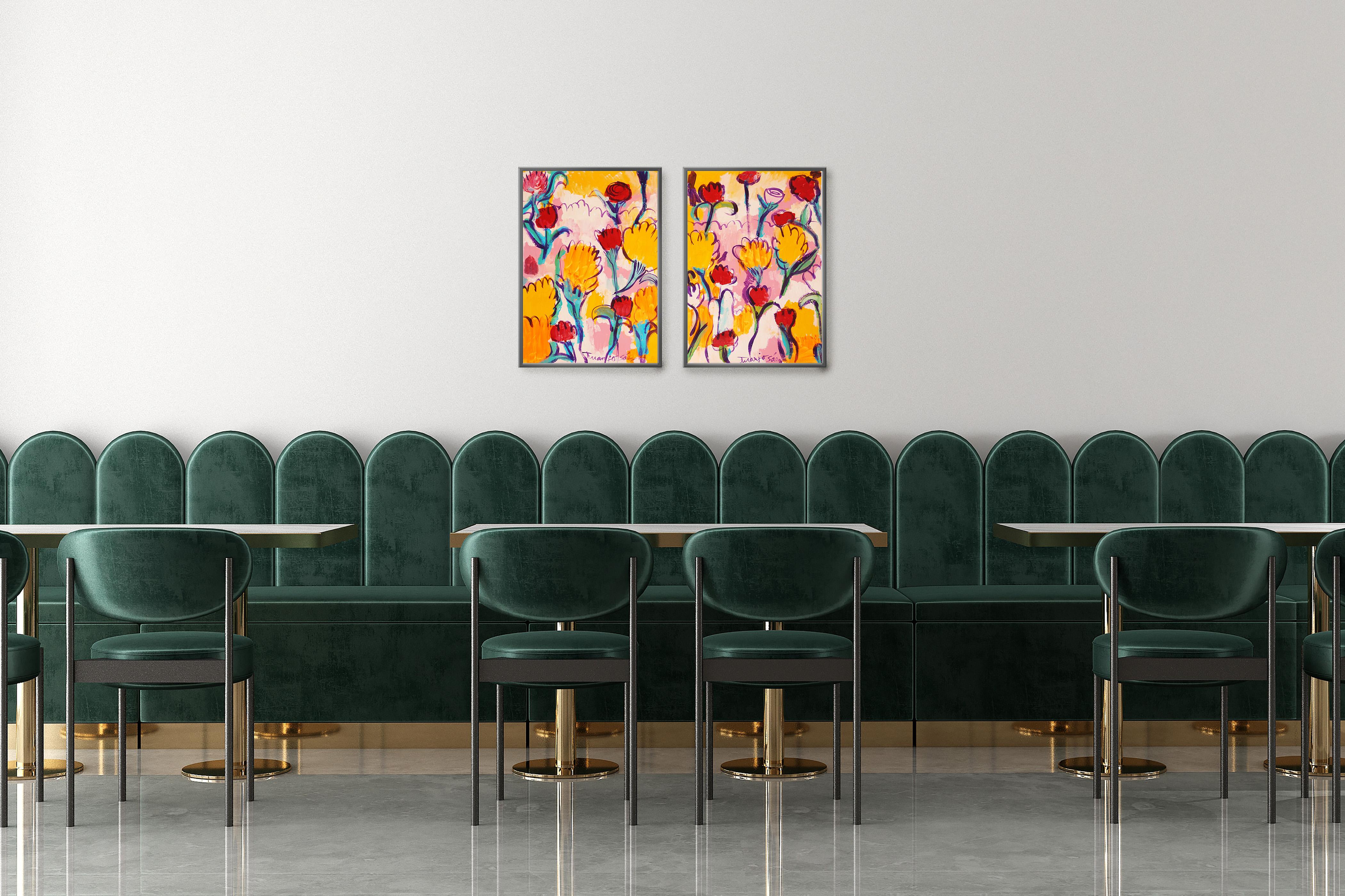 Fiori per Melissa, dittico di bouquet dai toni della terra, Faux Naïf, su carta, giallo in vendita 1