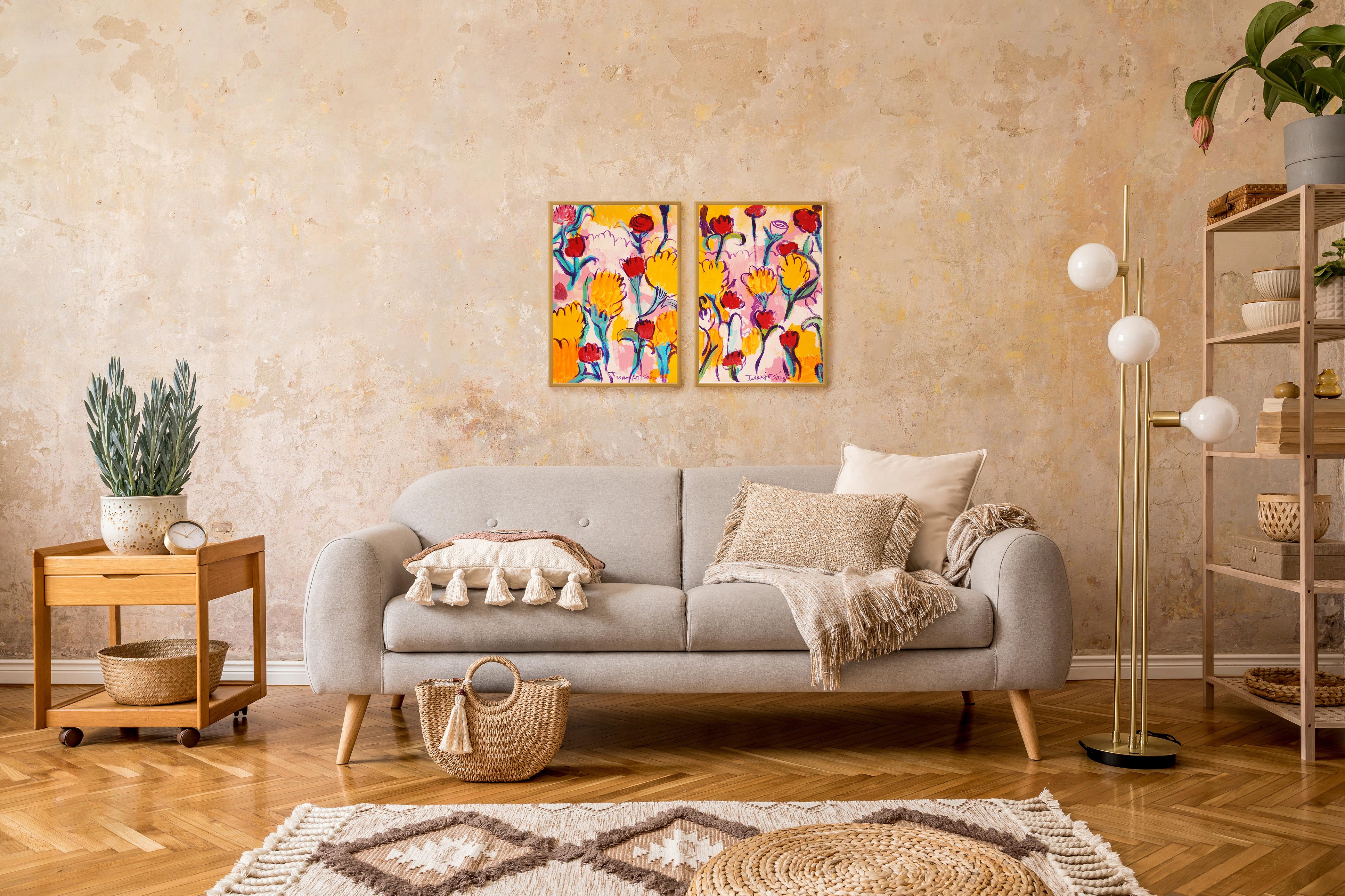 Fiori per Melissa, dittico di bouquet dai toni della terra, Faux Naïf, su carta, giallo in vendita 3
